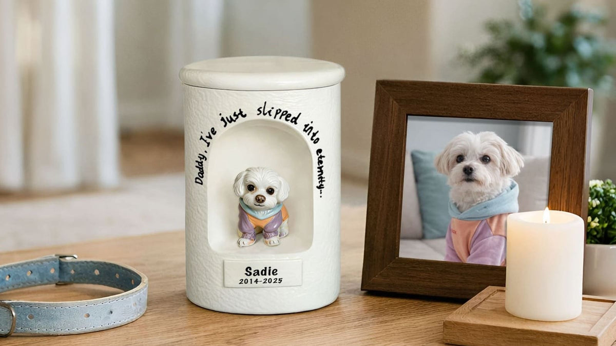 Pet owner choosing a handcrafted pet urn in a peaceful home before cremation