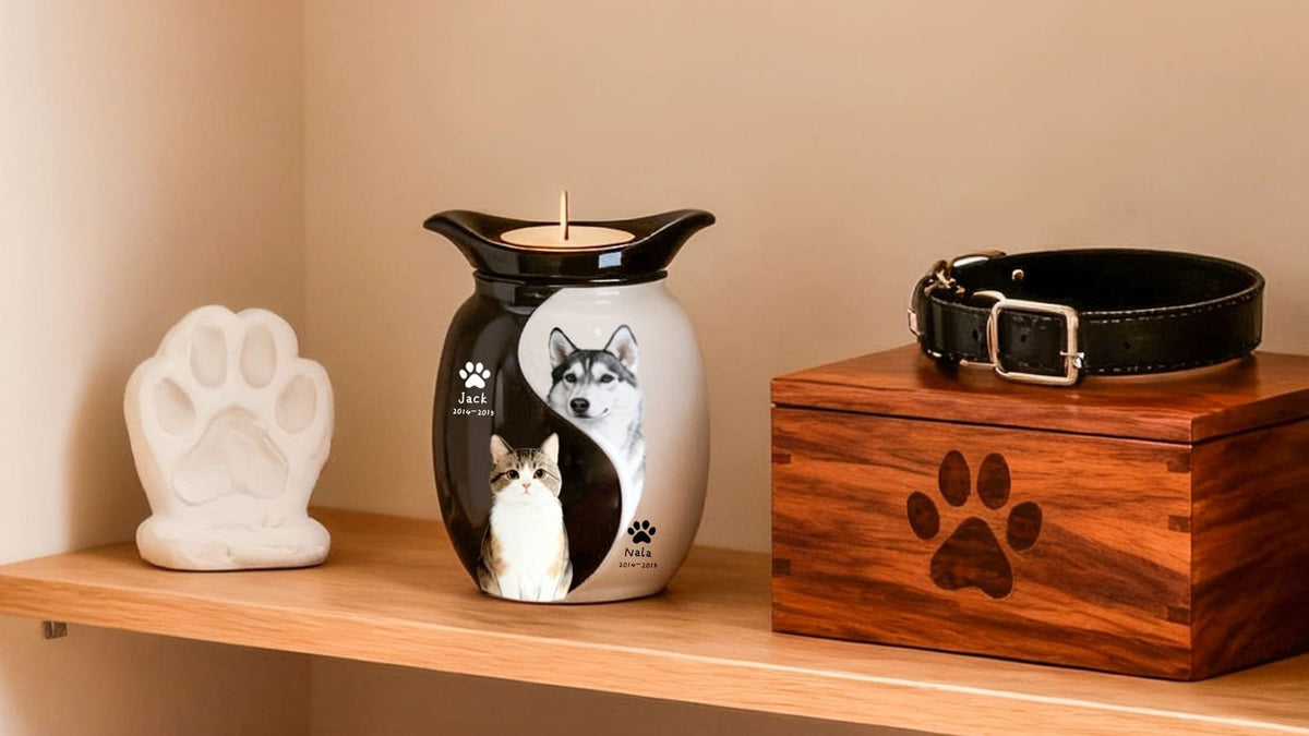 Custom double pet urn displayed with two pet photos in a peaceful home