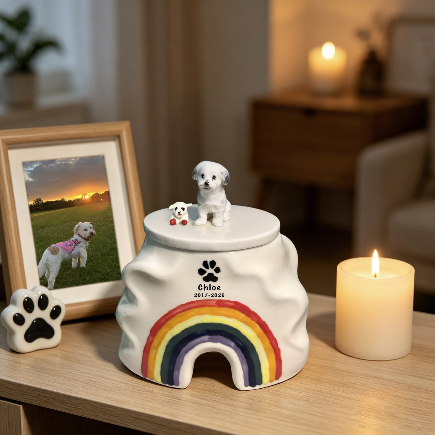 Custom dog urn with figurine displayed in a warm home setting