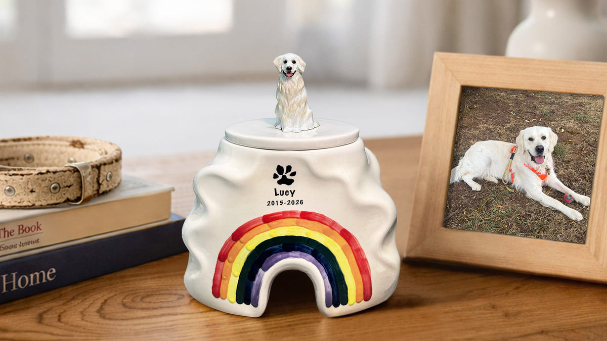 Handcrafted custom ceramic pet urn displayed beside a pet photo in a peaceful home