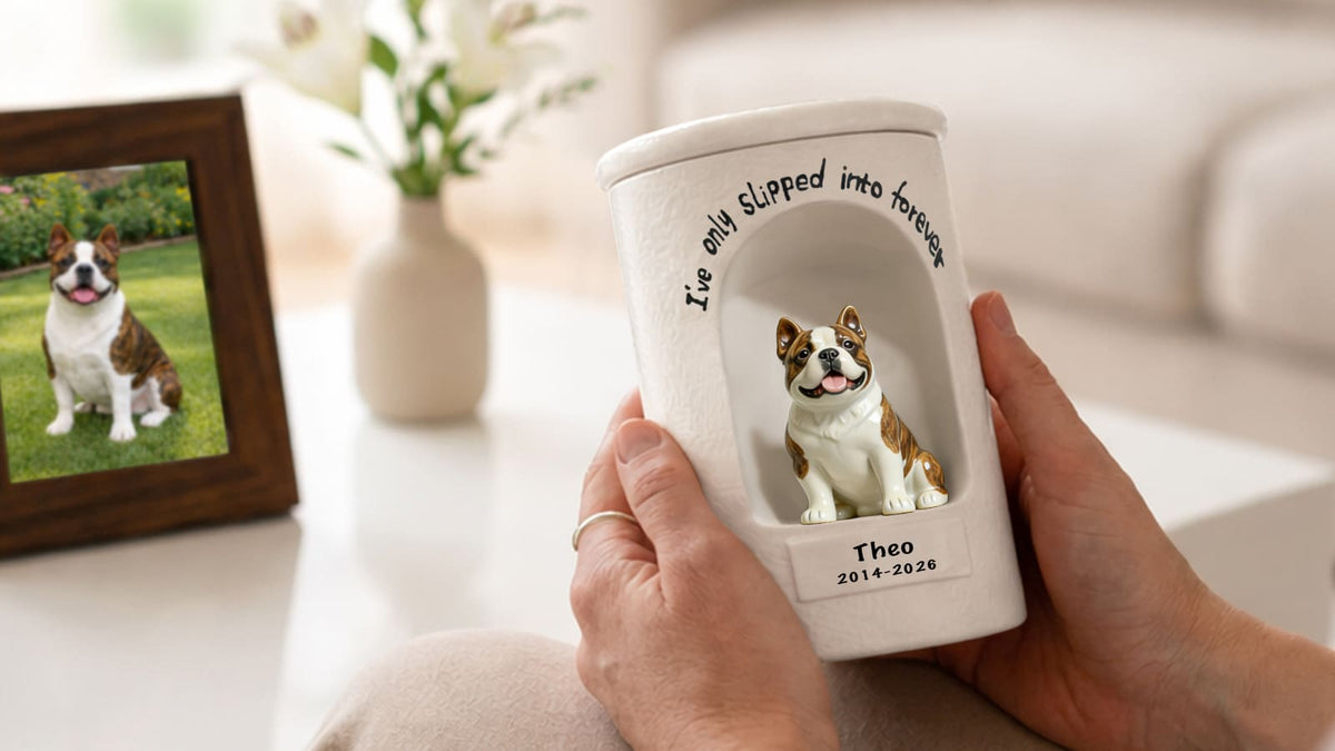 Choosing a personalized pet urn with photos and keepsakes nearby