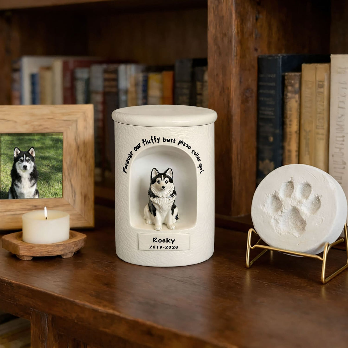 Pet urn placed on a home shelf in a calm and natural environment