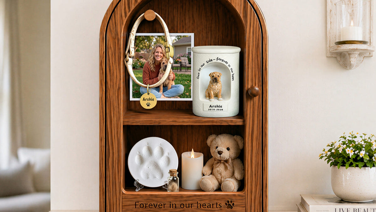 Wooden pet memory box filled with meaningful keepsakes and memories