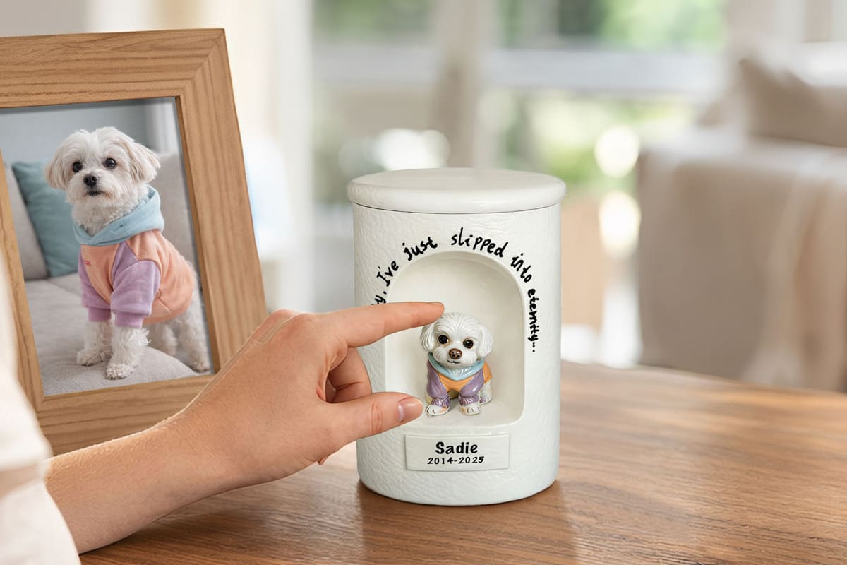 Pet urn placed in a simple home setting with natural light