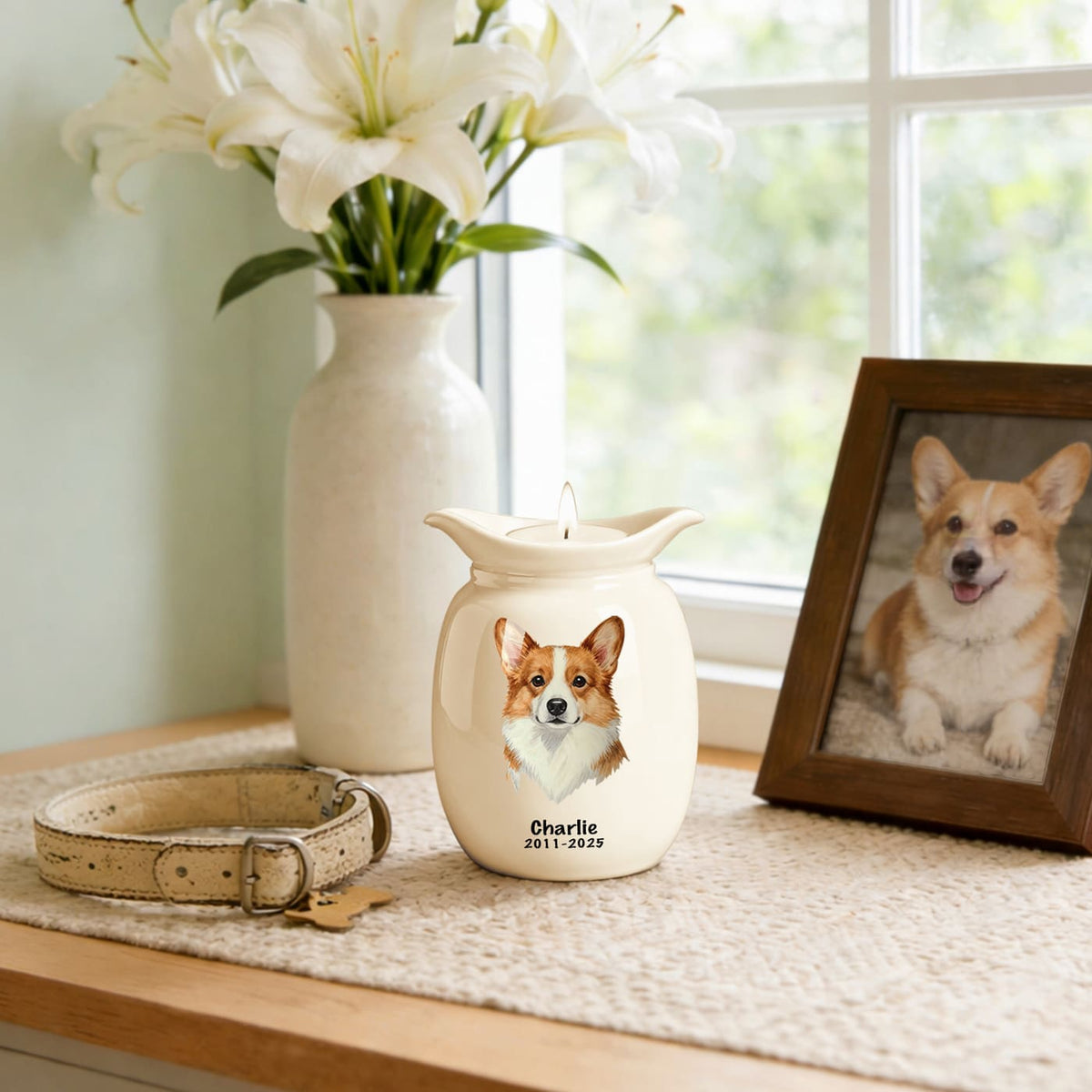 Pet urn in soft natural light creating a peaceful and quiet memorial moment