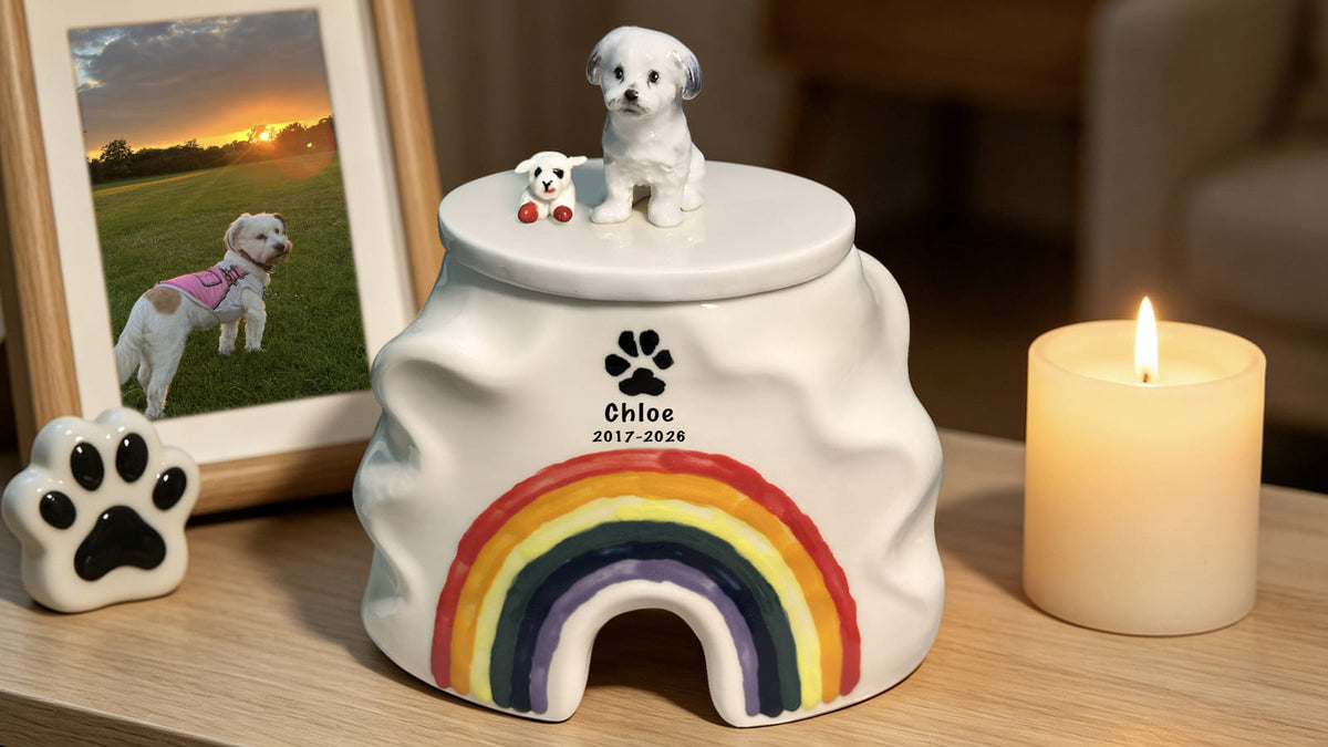 Pet urn displayed beside a framed photo and keepsakes in a home memorial space