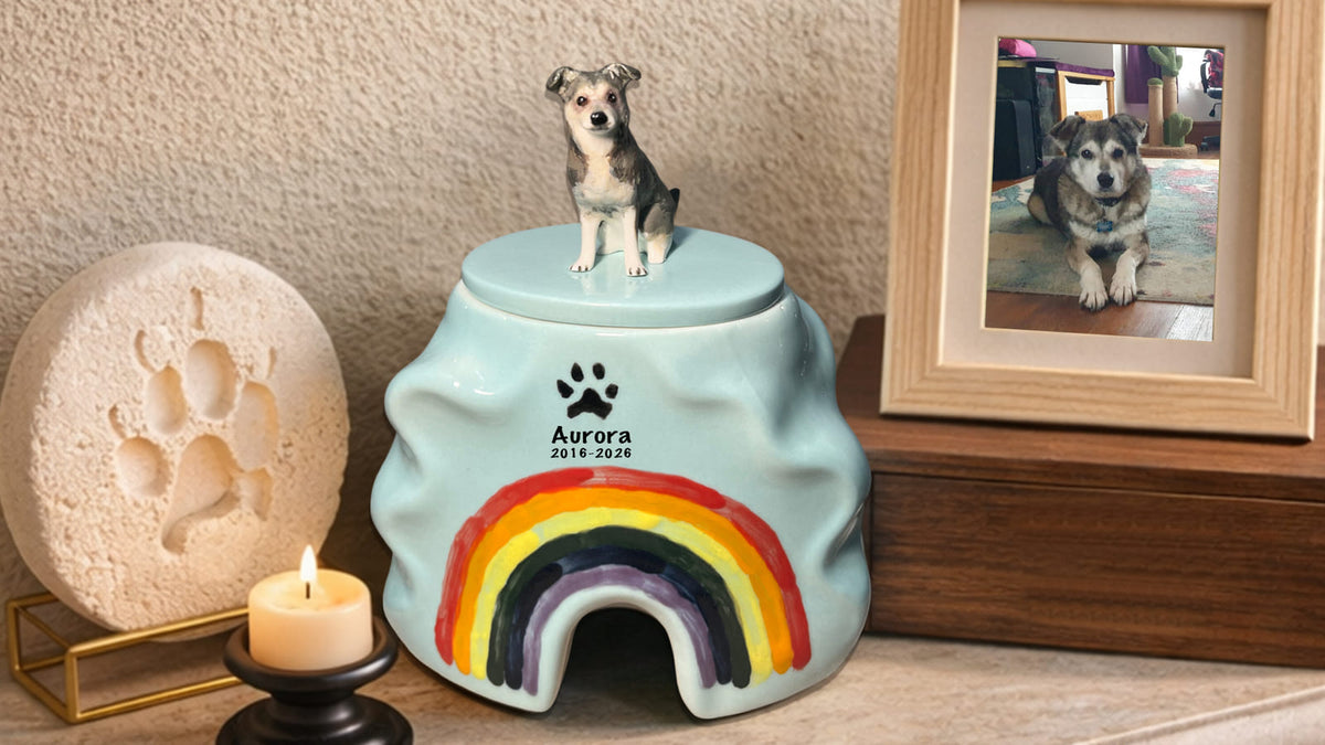 Handcrafted custom pet urn displayed with pet photos in a peaceful home