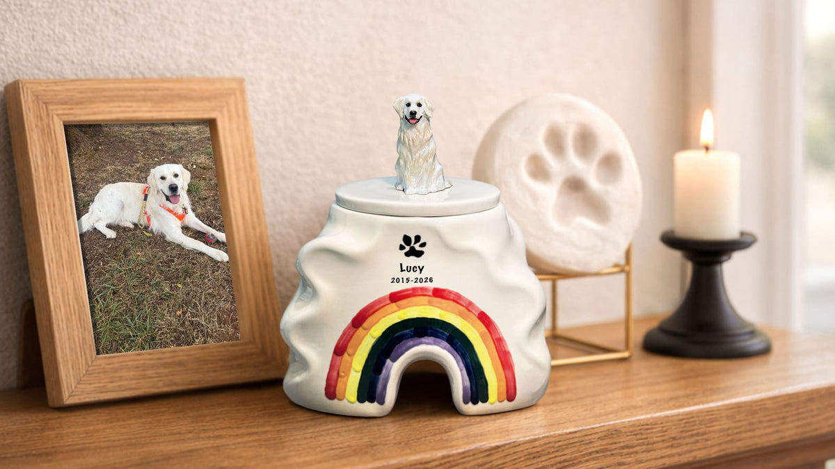 Personalized pet urn displayed with a framed photo and keepsakes in a peaceful home memorial space