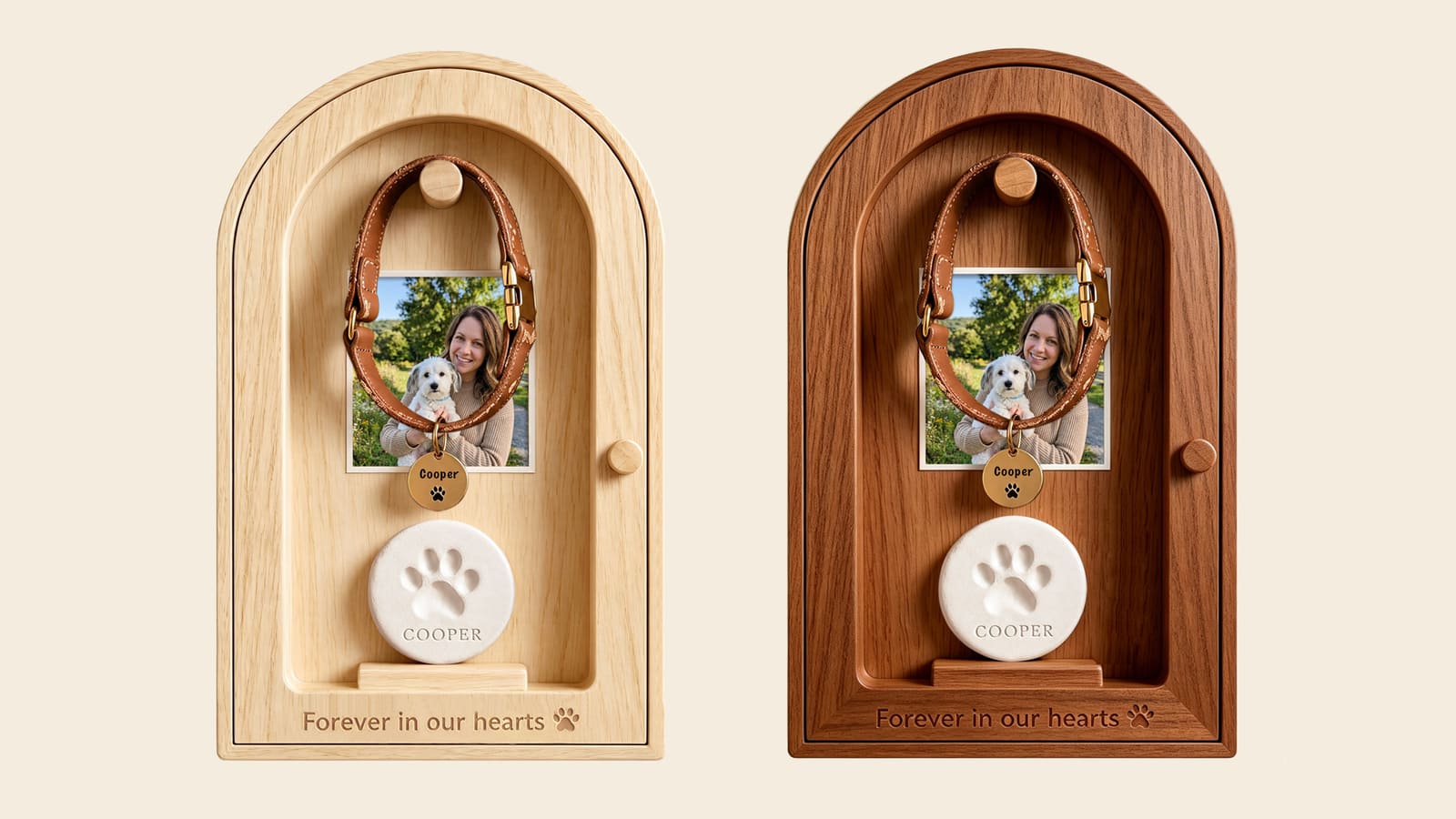 Pet memorial shadow box displaying a collar, photo, paw print, and keepsakes