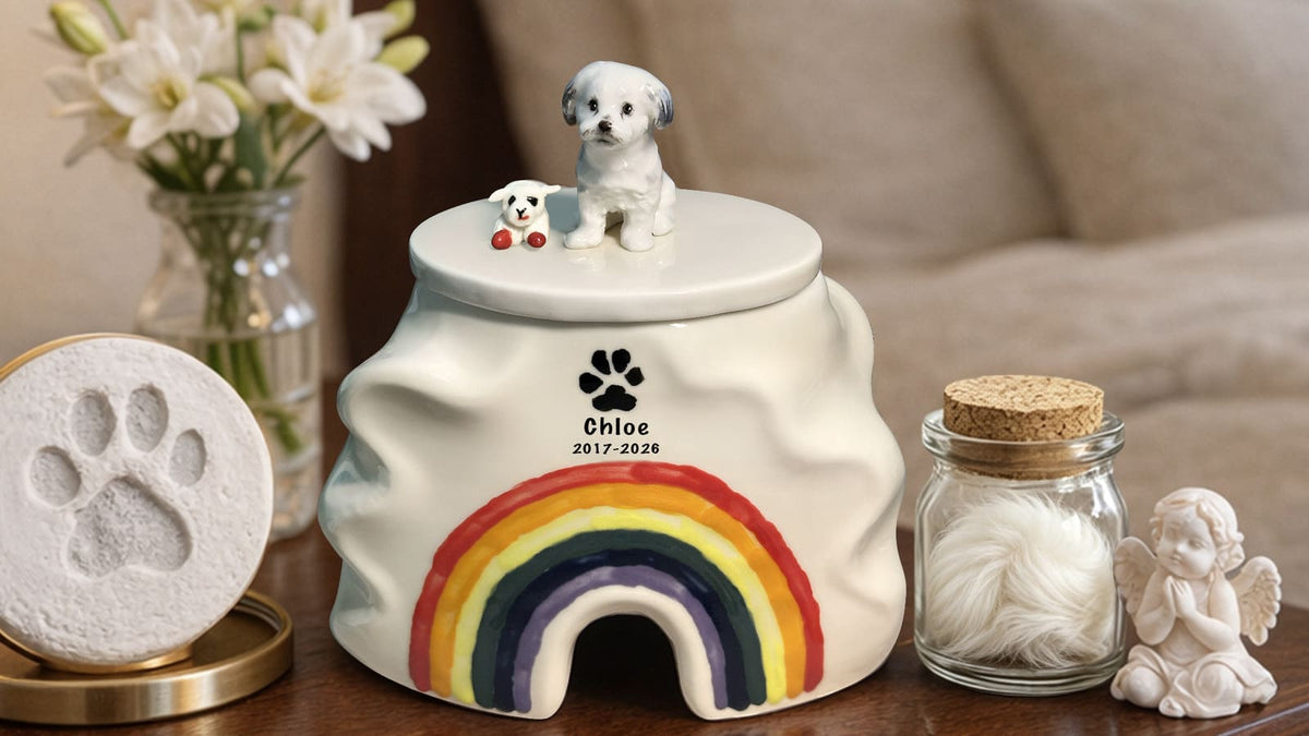 Pet urn displayed on a bedside table in a peaceful bedroom
