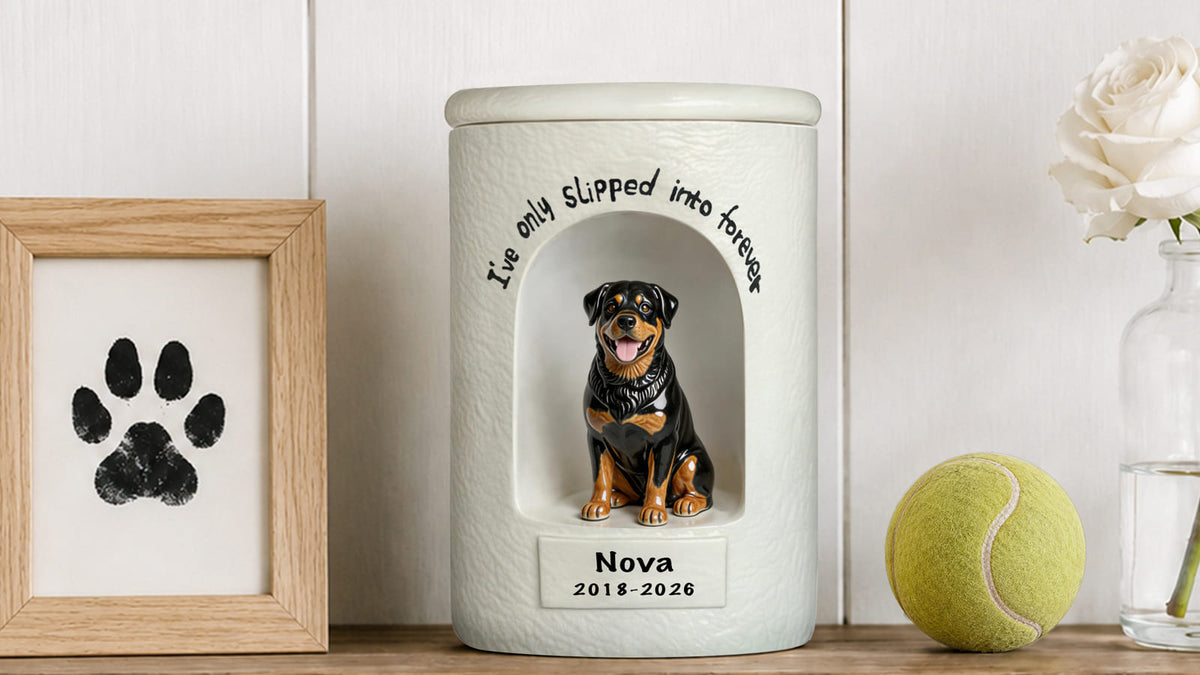 Handcrafted custom pet urn displayed with a framed photo in a peaceful home