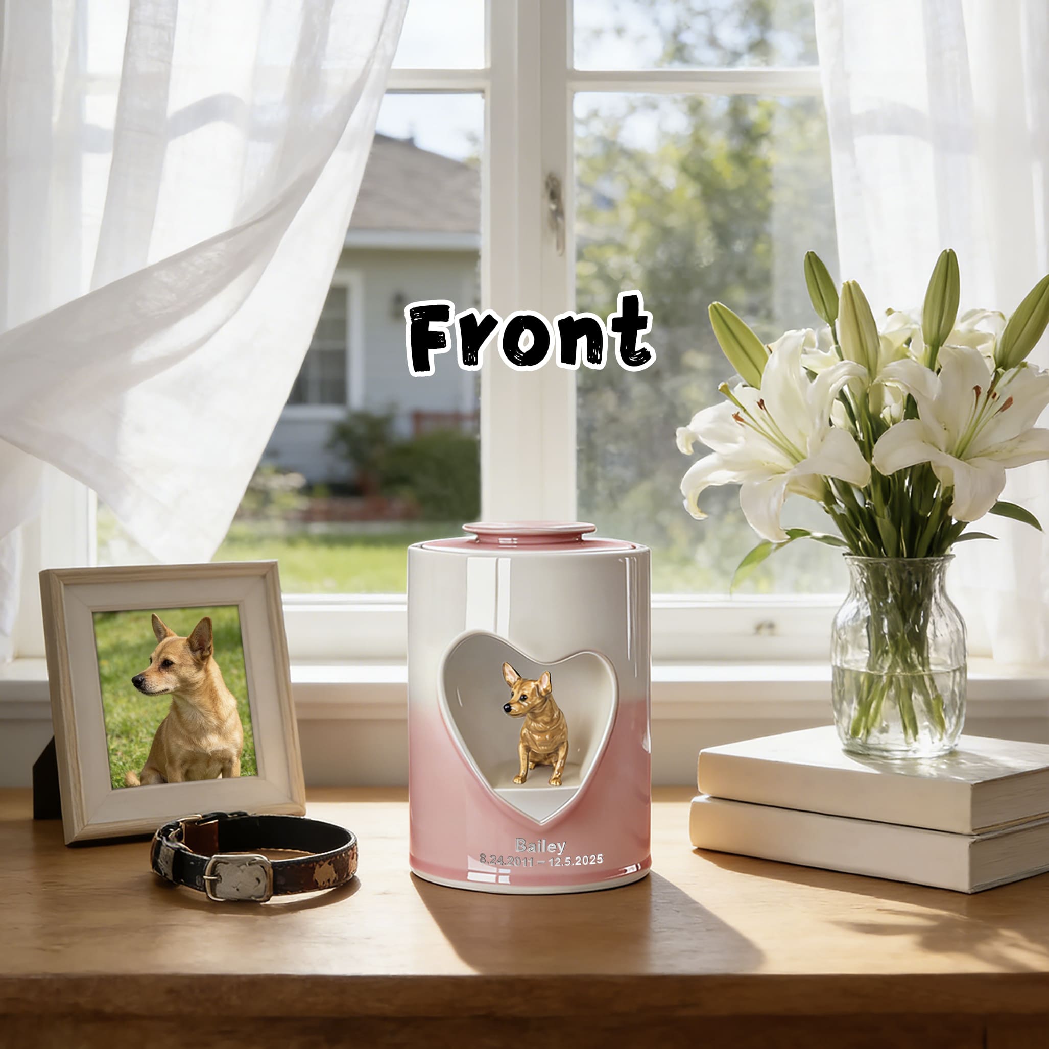Pink-and-white dog memorial urn with heart window, gold dog figurine, round red lid