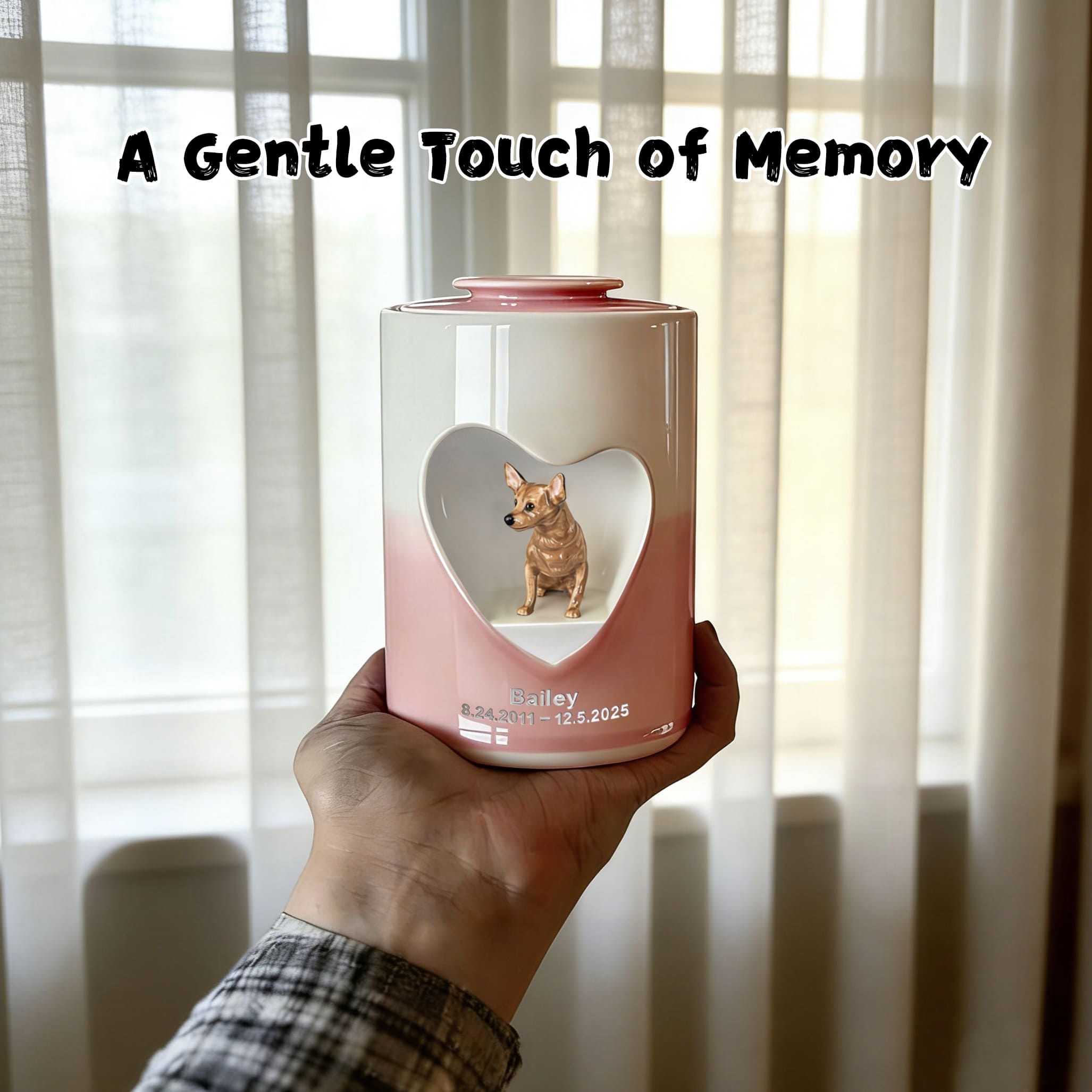 Pink and white dog urn with heart window; tan dog figurine centered on front