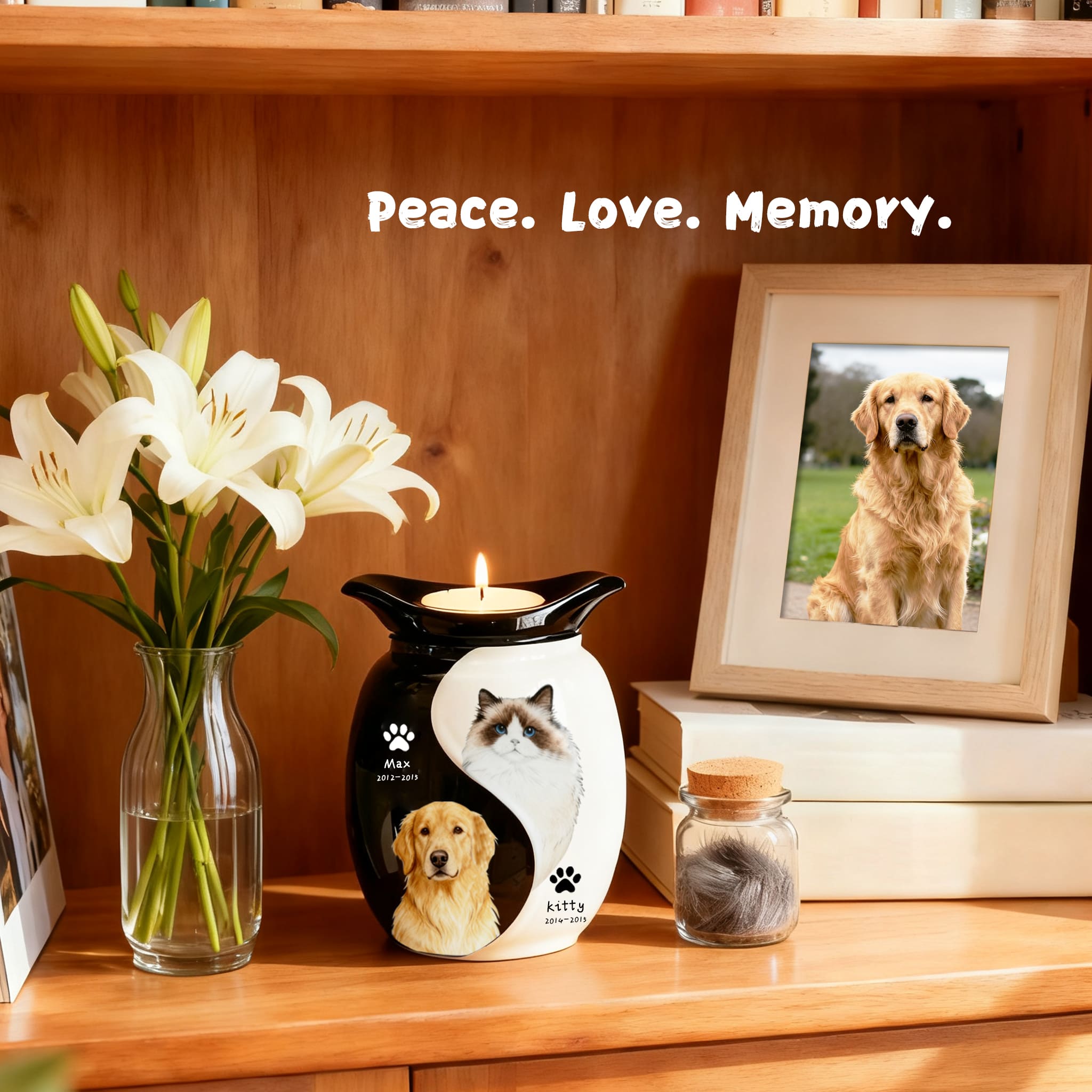 Personalized two-pet urn candle holder with candle flame, ceramic with dog and cat photos