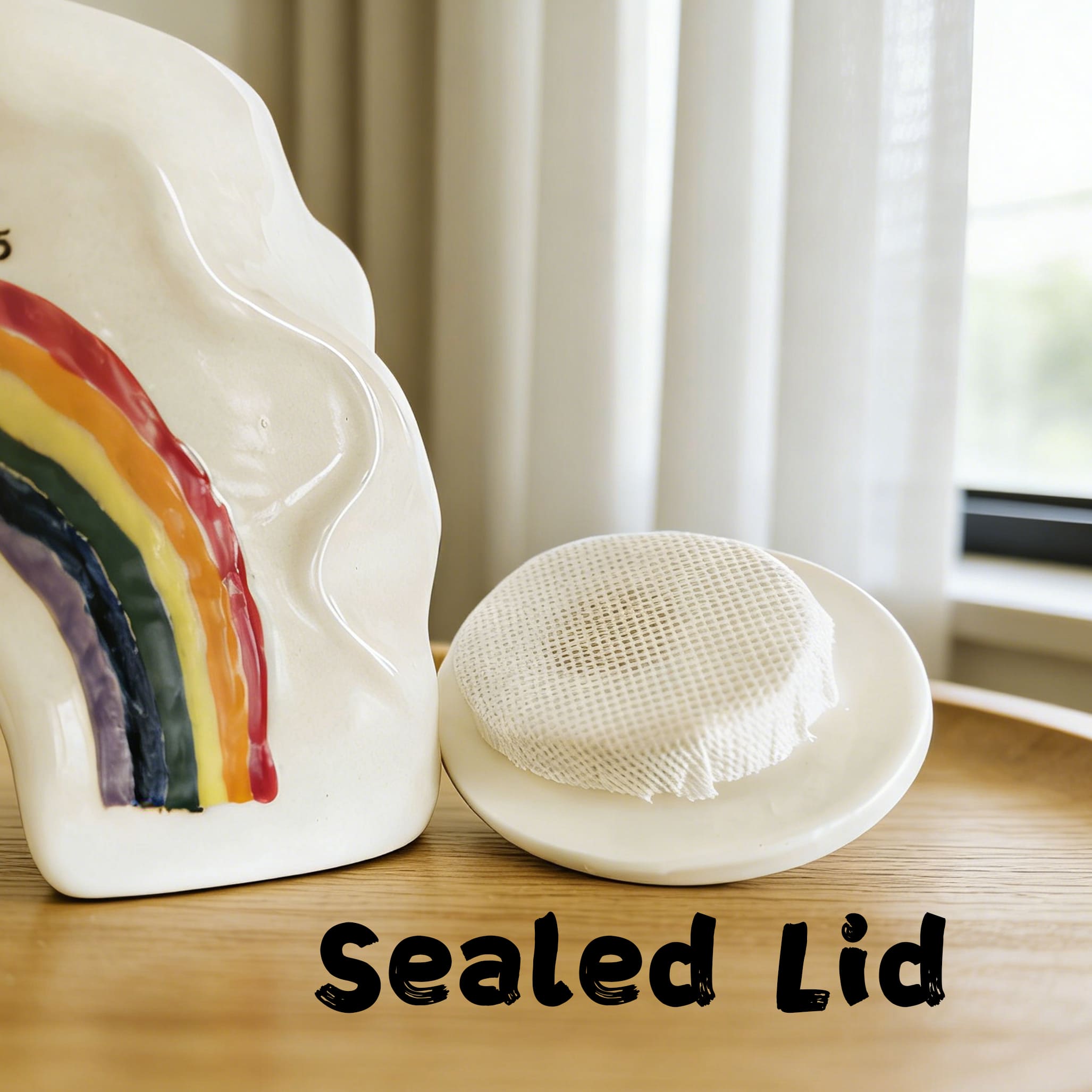 White ceramic dog pet urn with rainbow design and sealed lid