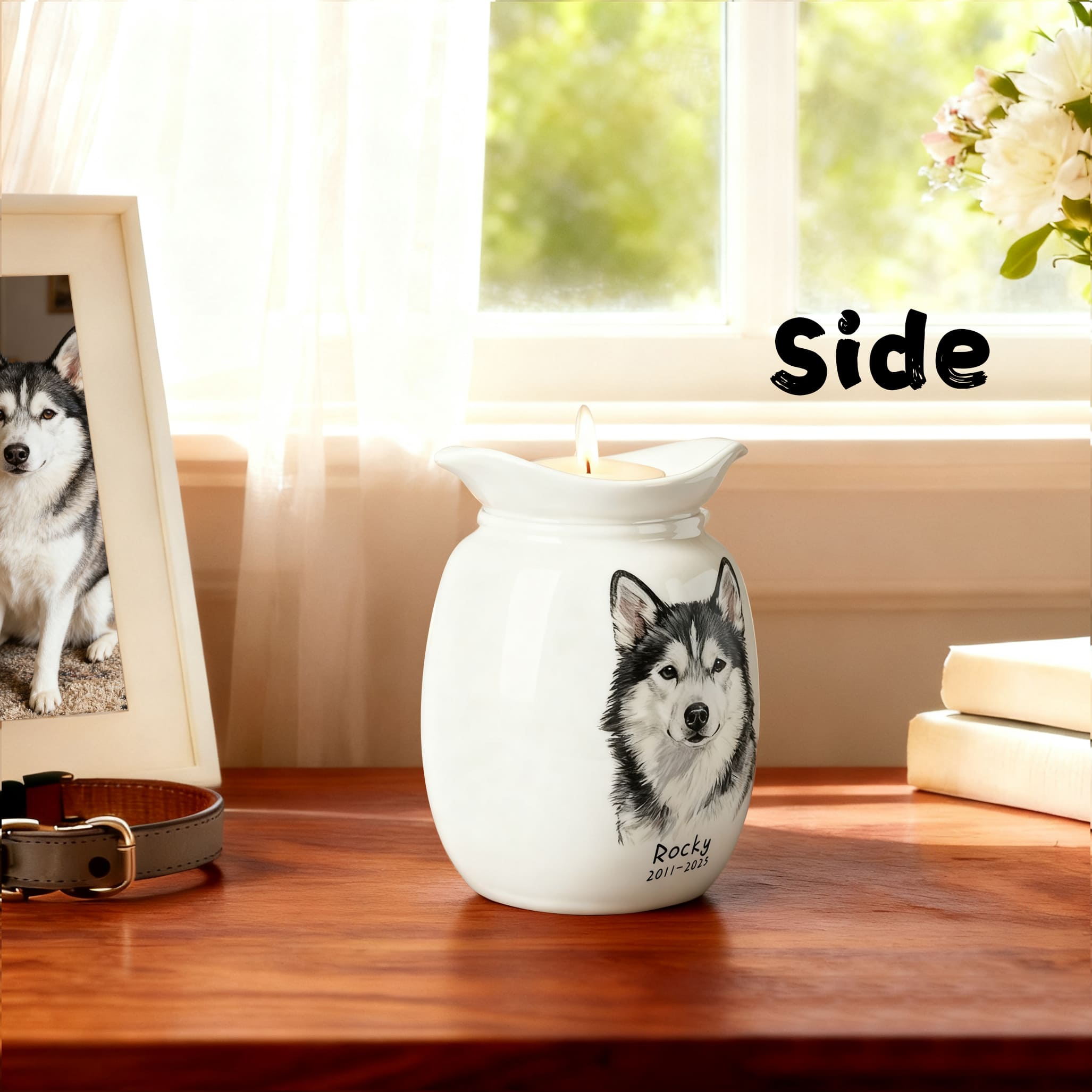 White ceramic dog urn candle holder side view with husky portrait and name/date text