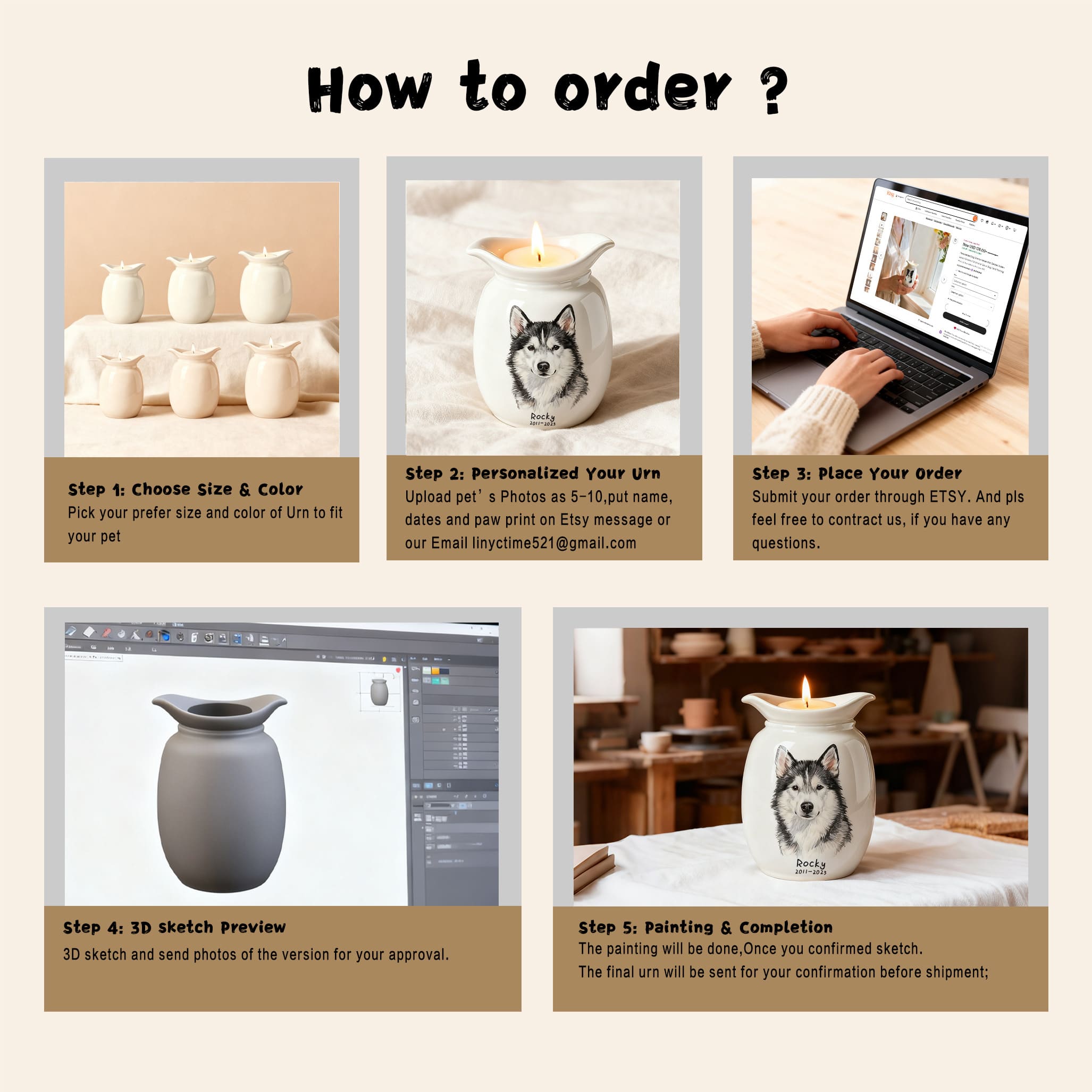 How-to-order graphic featuring the personalized ceramic pet urn and candle holder