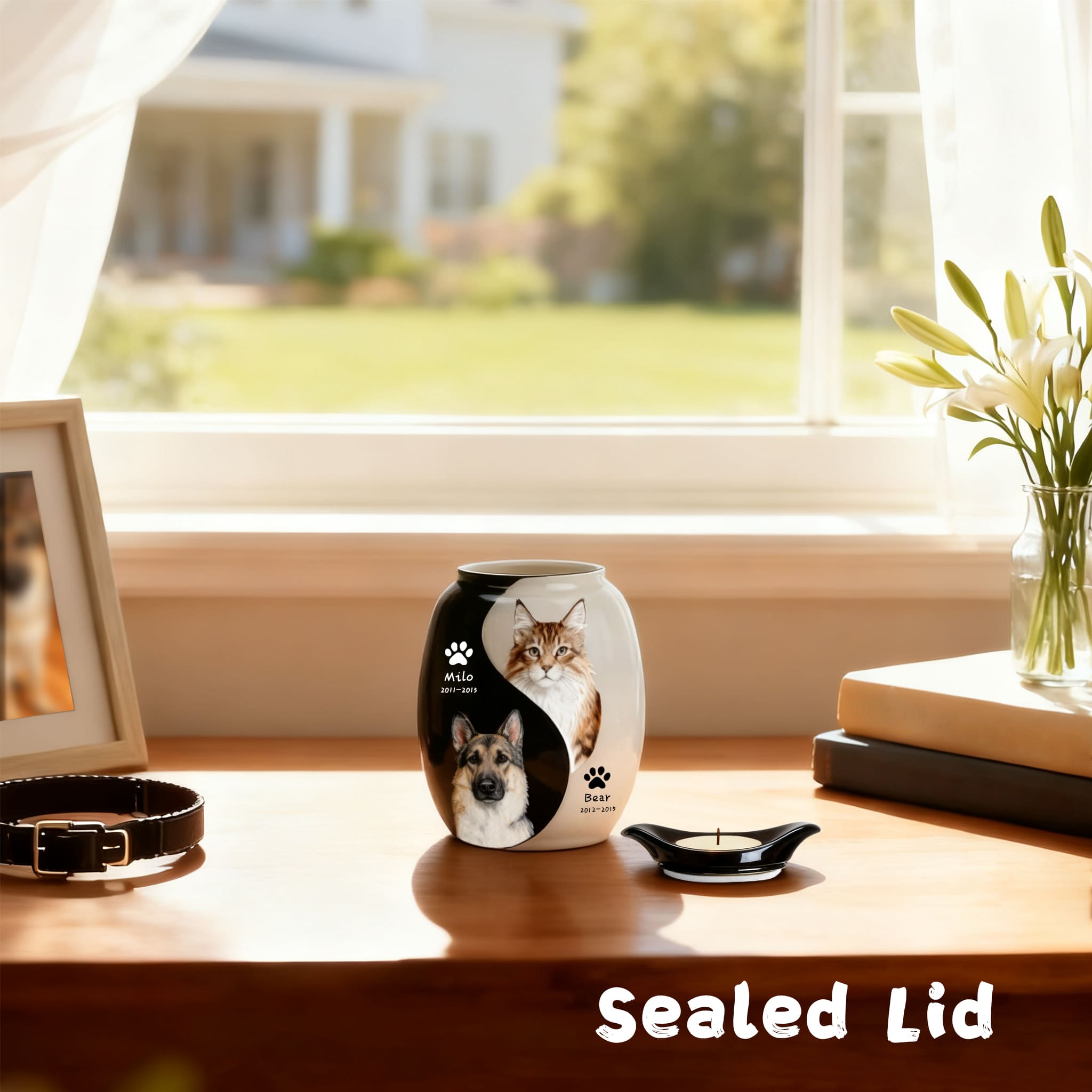 Pet urn with matching sealed lid and candle holder base; black-and-white ceramic portraits
