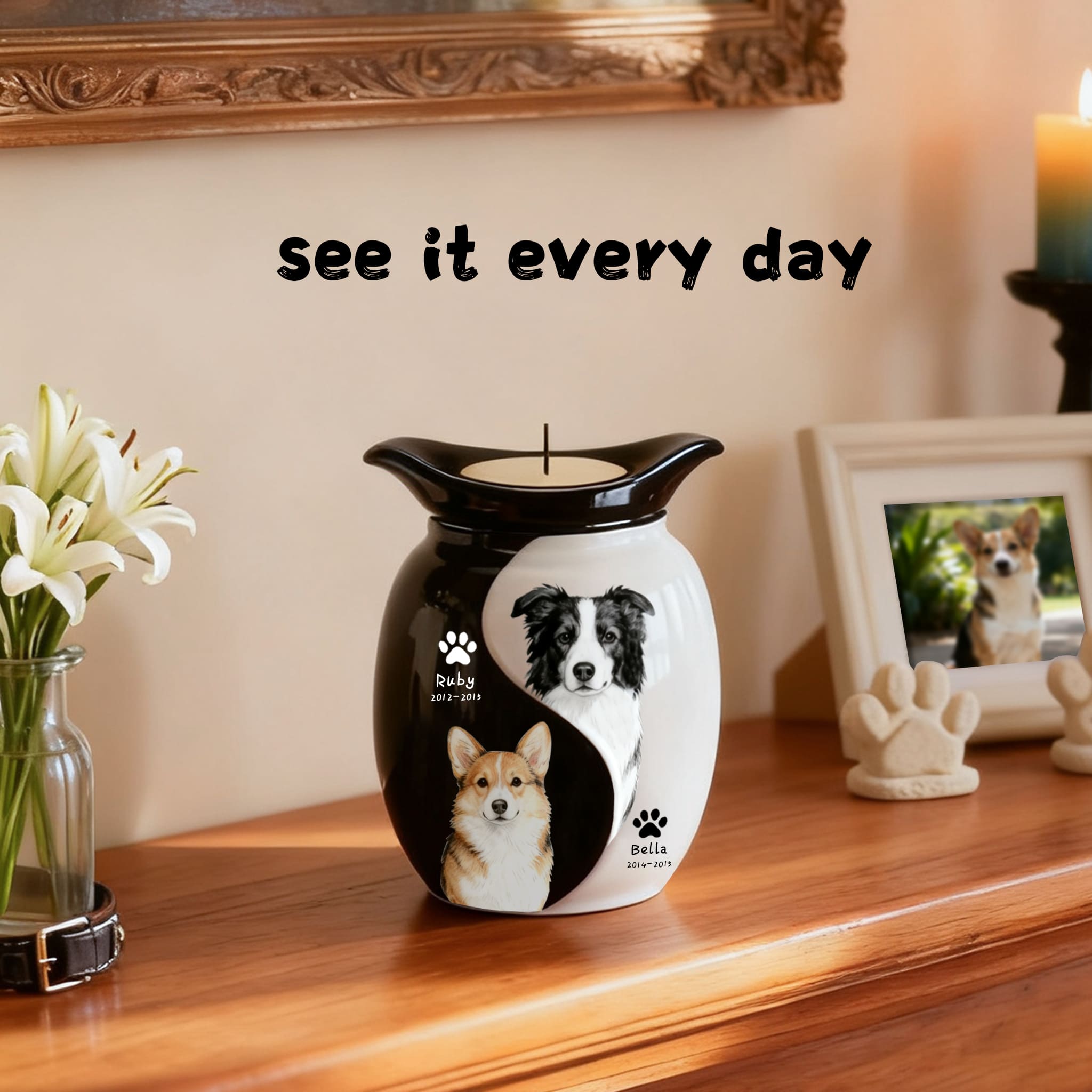 Double pet urn with two pet photo panels and paw print decals, black-and-white ceramic.