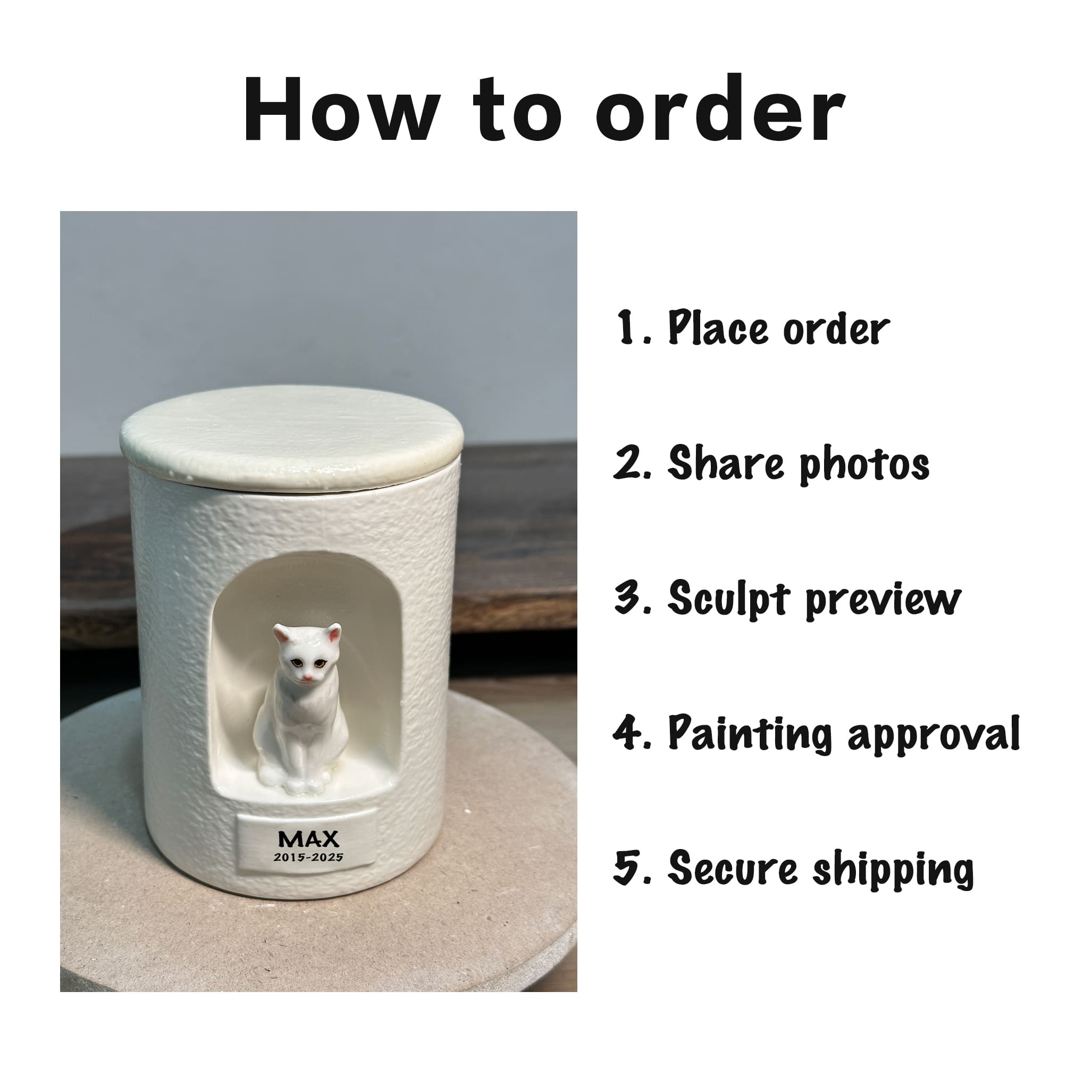 White cat memorial urn with sculpted figurine shown in how-to-order steps