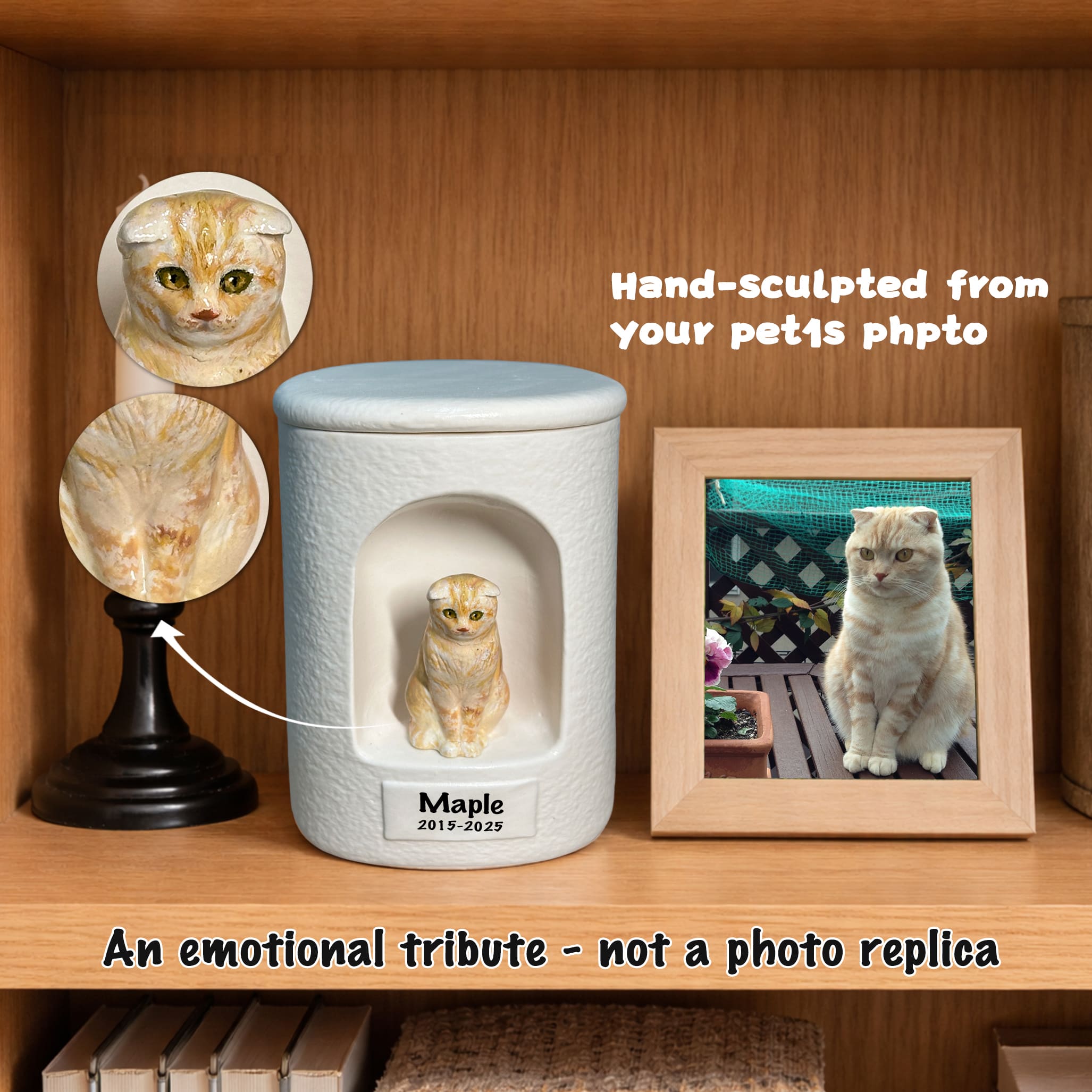White cremation urn with sculpted cat figurine in front cutout