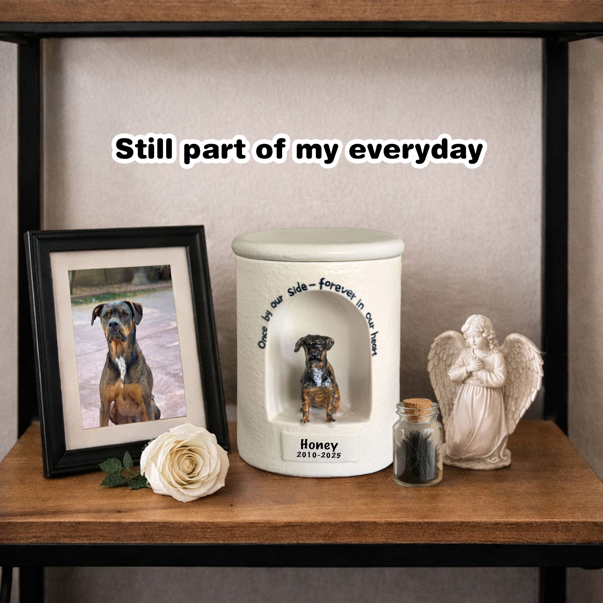 Large ceramic pet urn with custom dog portrait, round lid, and engraved dates