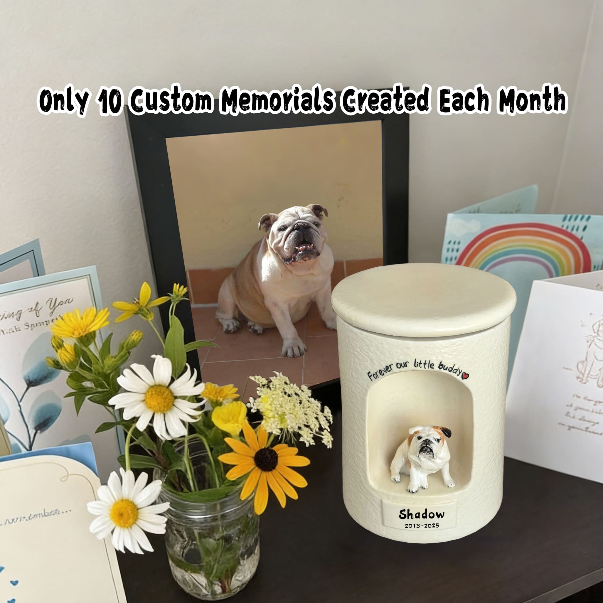 White ceramic dog urn with lid and small dog figurine with memorial phrase
