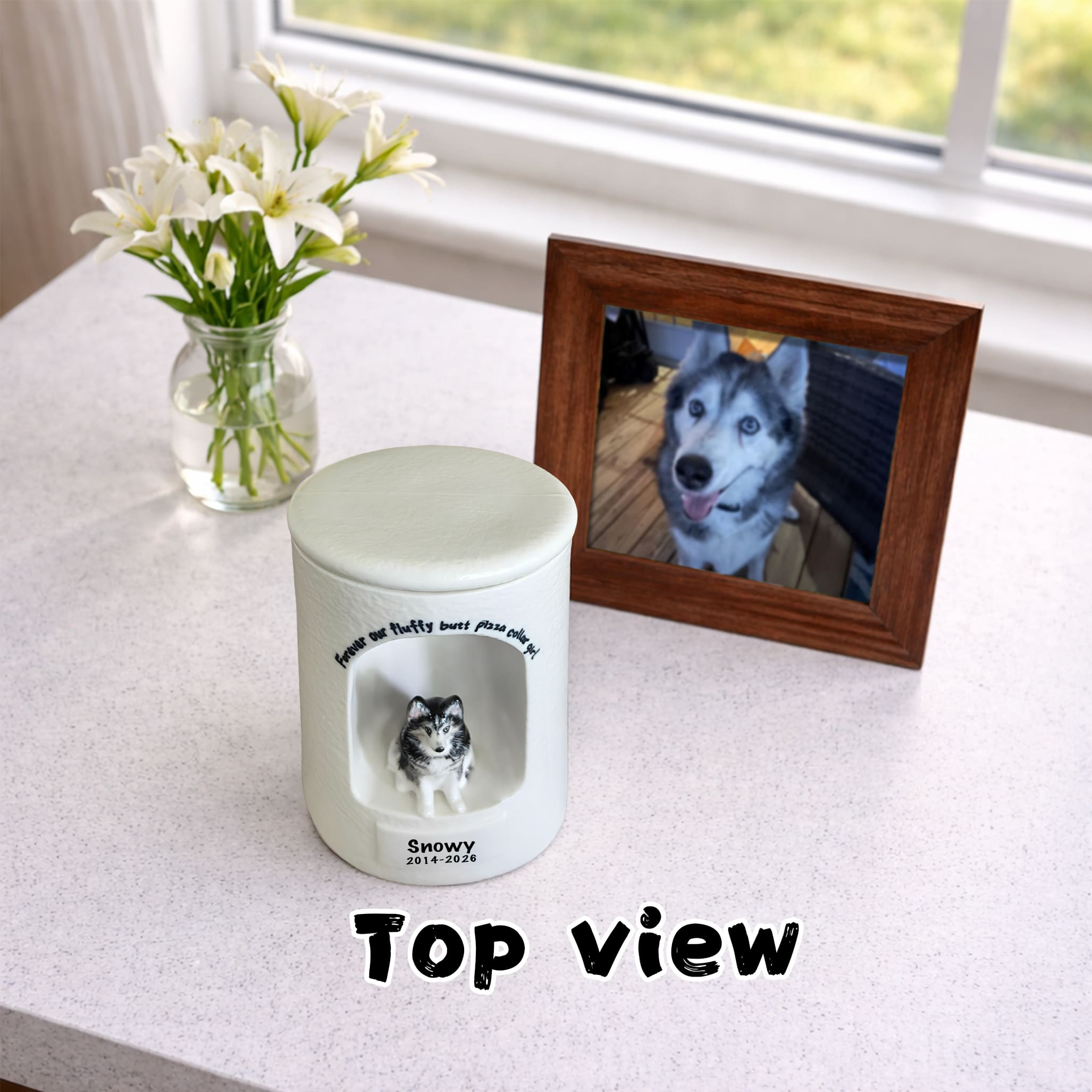 White ceramic dog urn with round lid and framed dog photo panel
