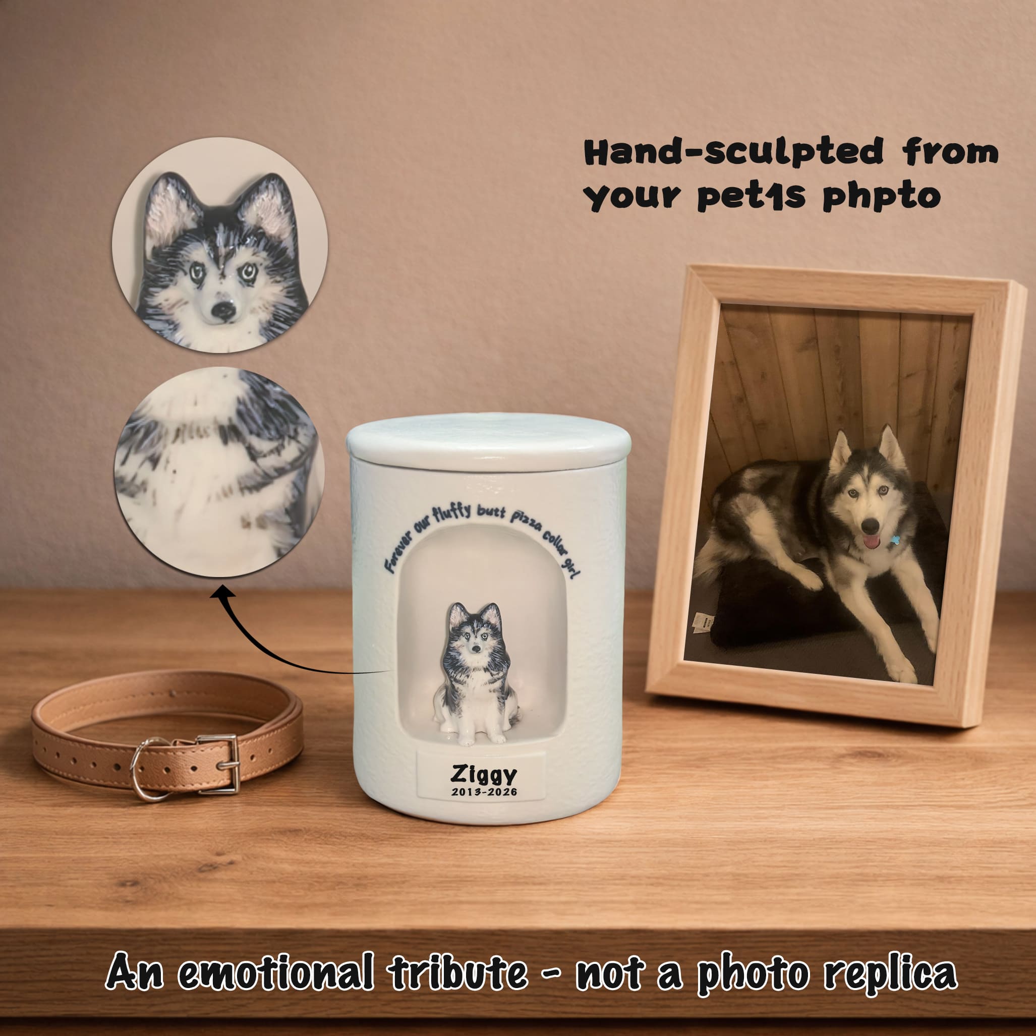 White ceramic pet urn with painted husky dog image, custom name and dates on front