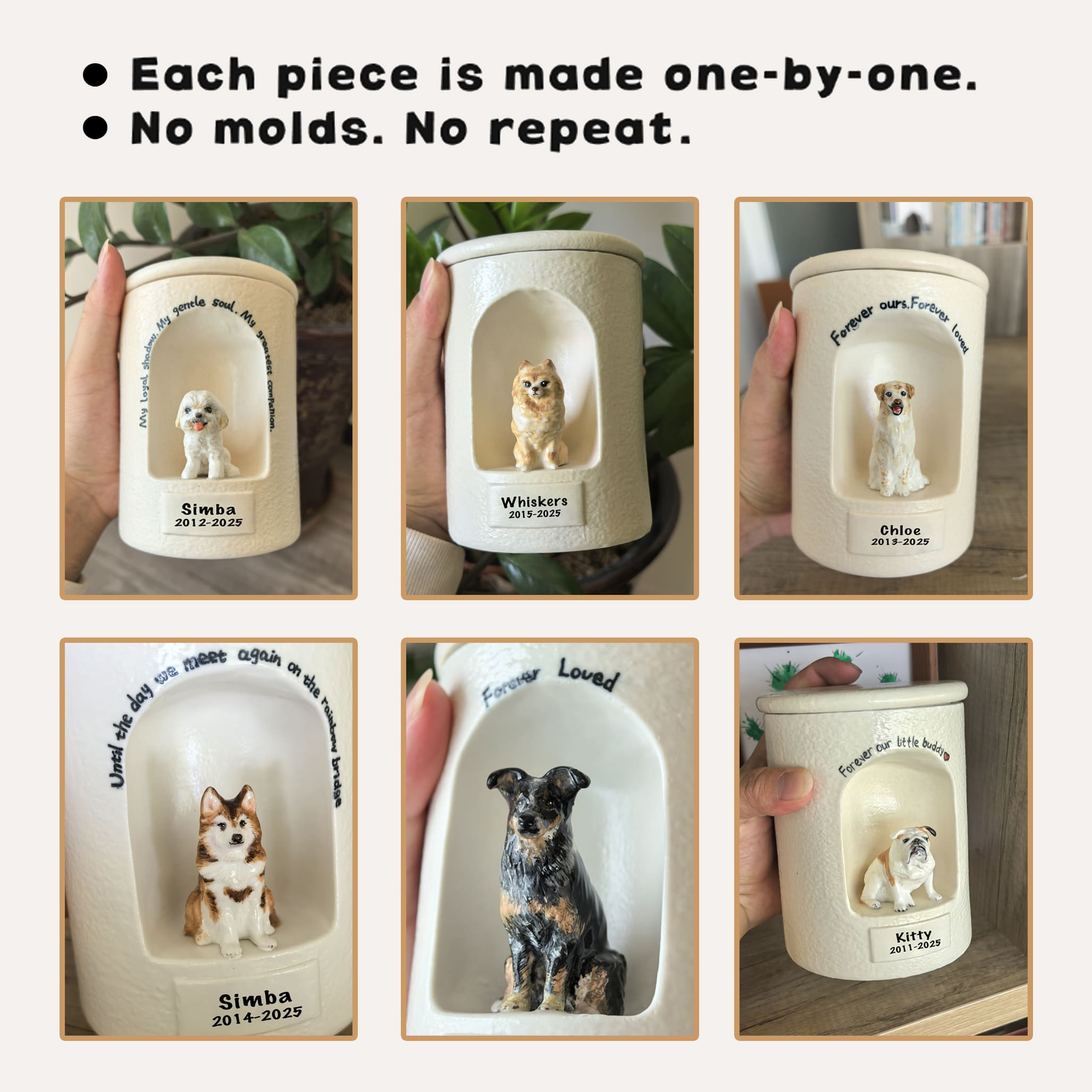 Custom dog urns shown in different colors with engraved names and dates