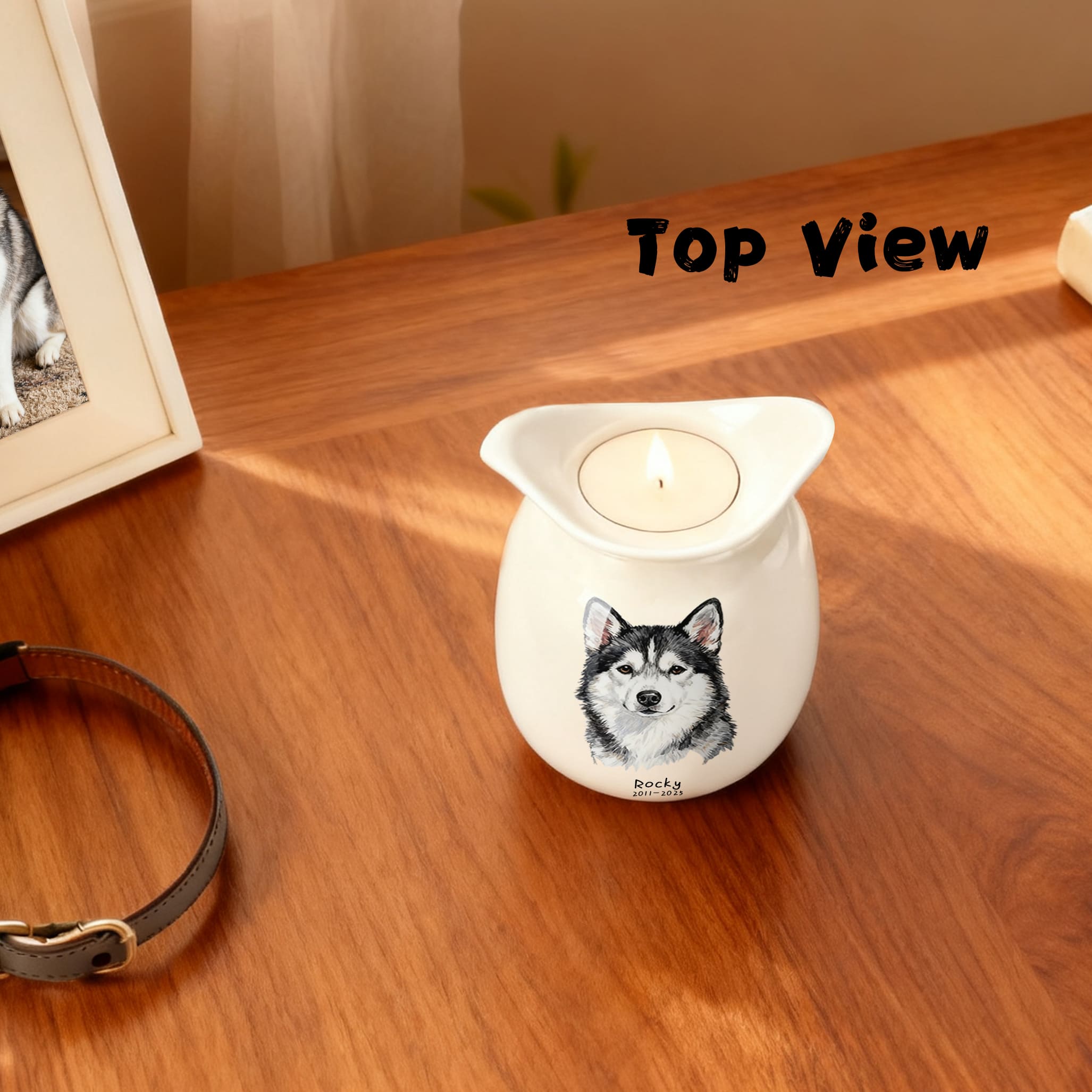 White ceramic dog urn candle holder top view with centered husky portrait