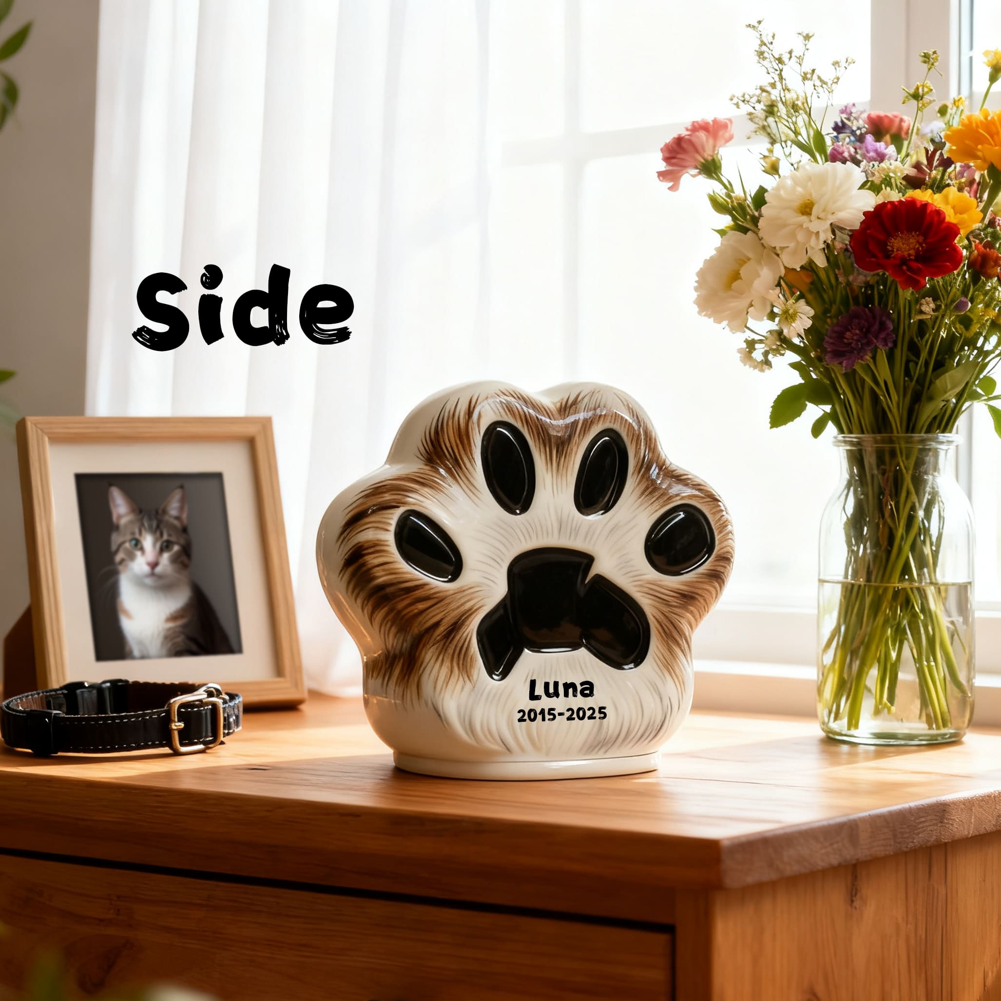 Side view ceramic cat urn with engraved paw print and name “Luna” dated 2015–2025