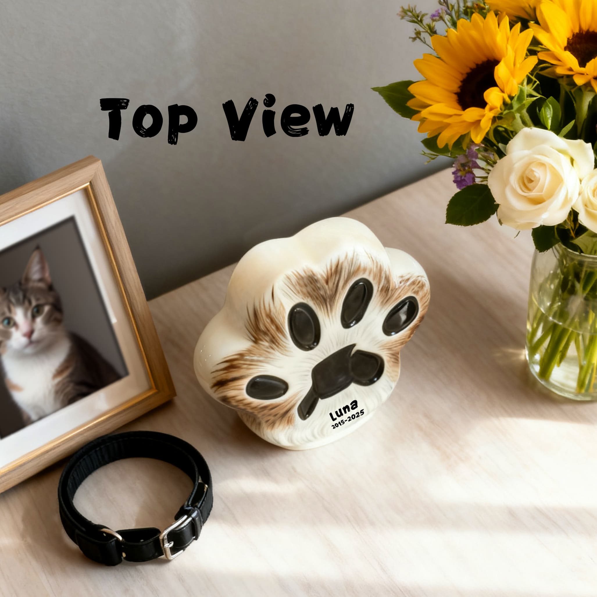 Top view ceramic cat urn with engraved paw print; name “Luna” and 2015–2025