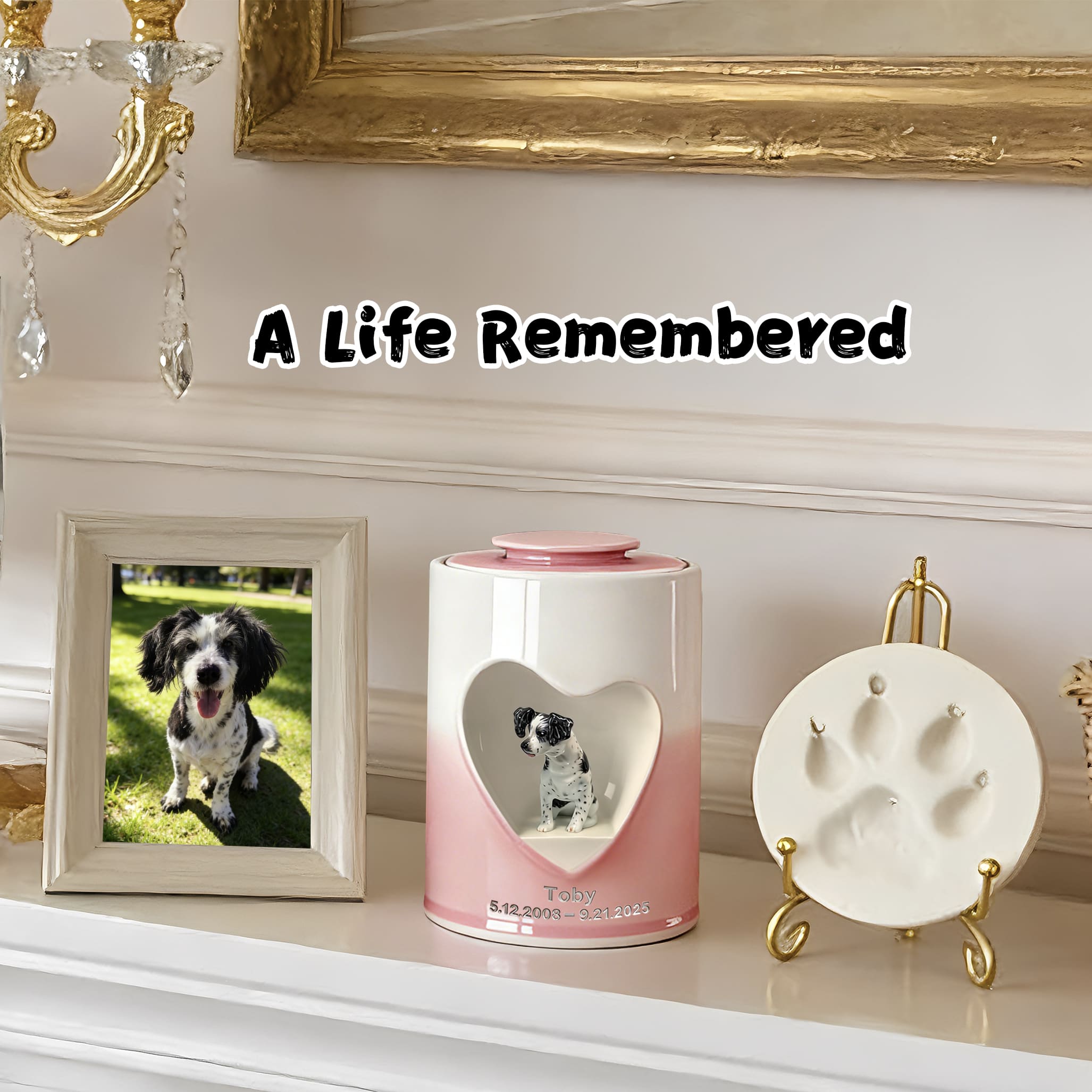 Pink and white dog urn with heart window showing black-and-white dog figurine