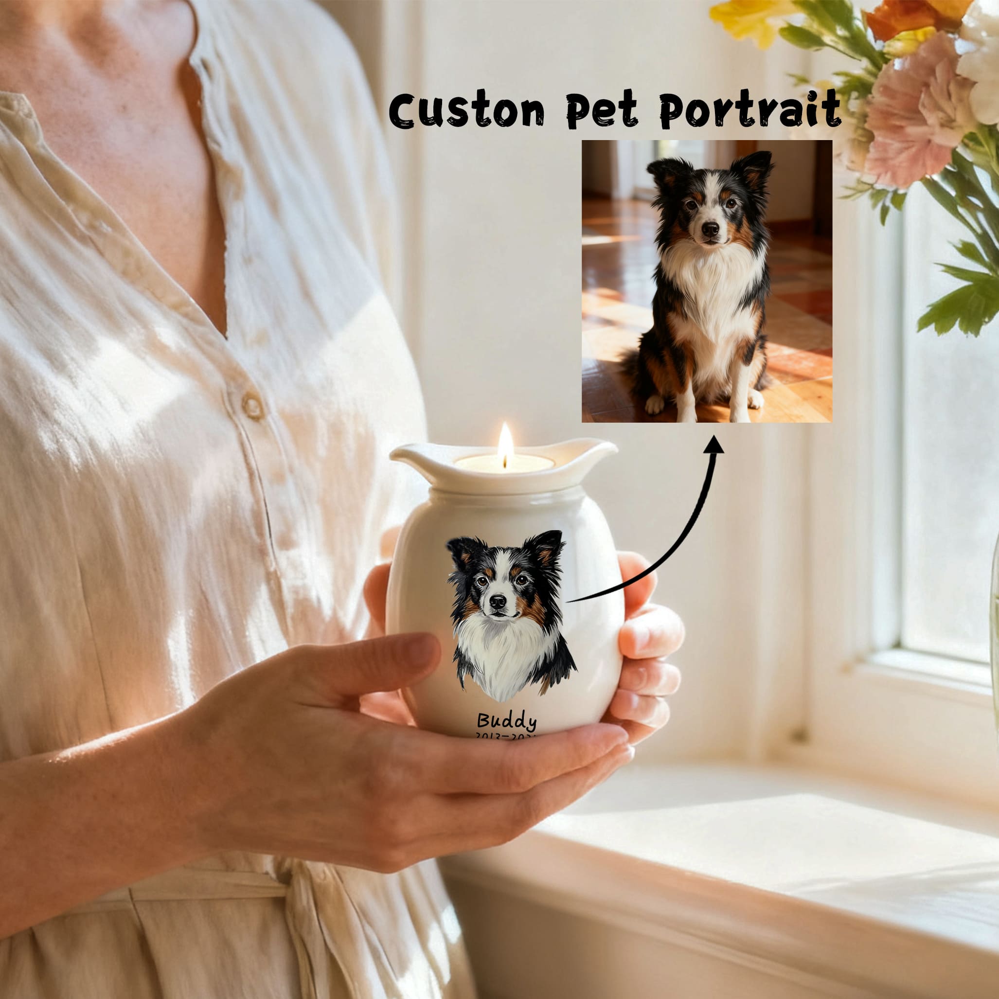 Personalized australian shepherd dog urn buddy custom portrait handheld