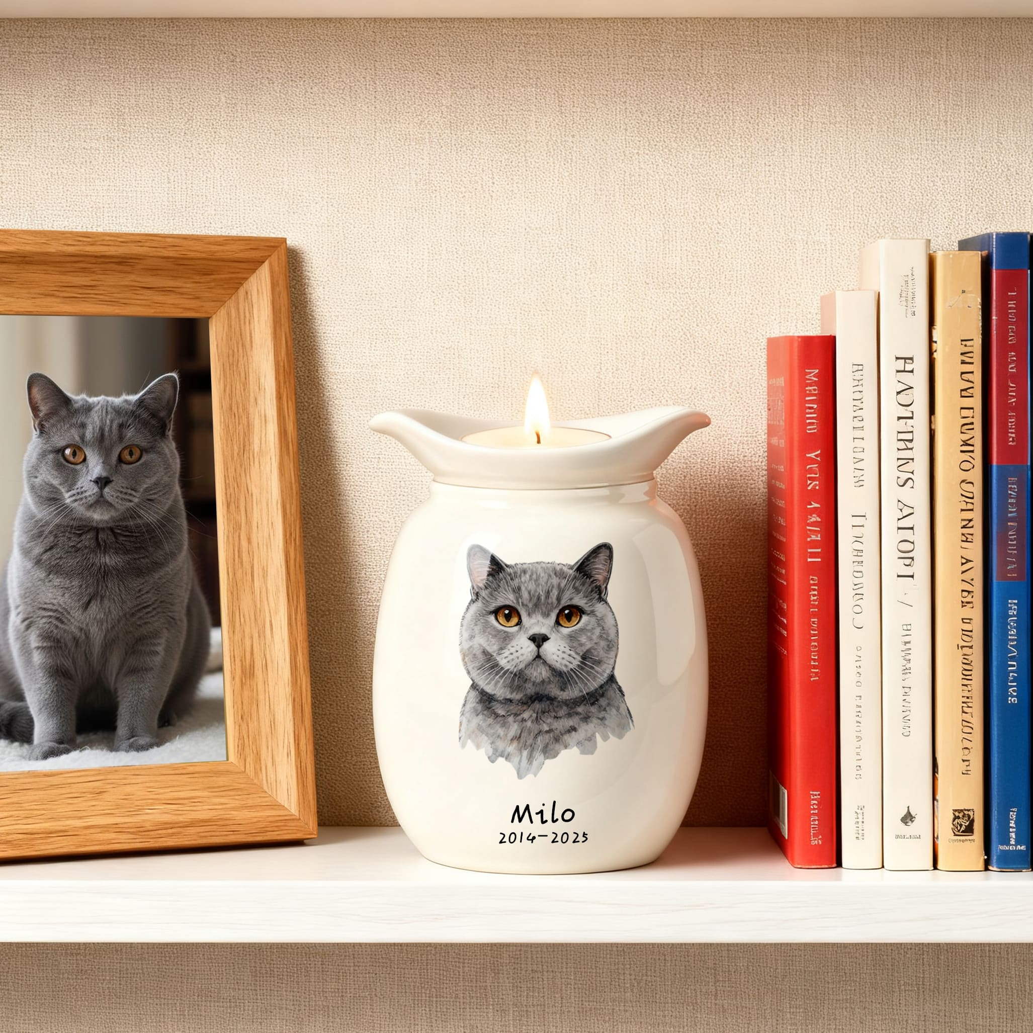 White ceramic memorial urn with candle; gray cat portrait on front with name Milo