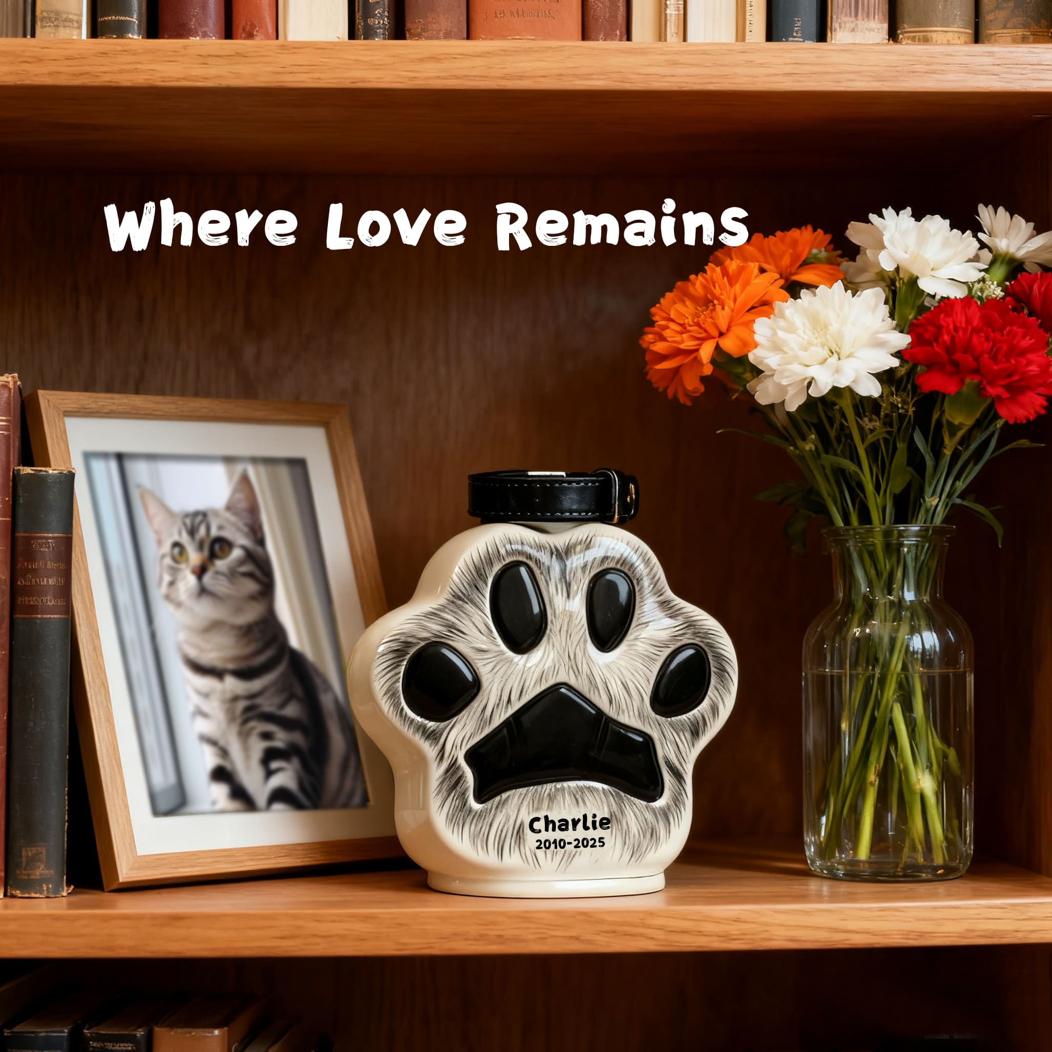 Personalized cat urn with engraved paw print, Charlie name and dates, on shelf