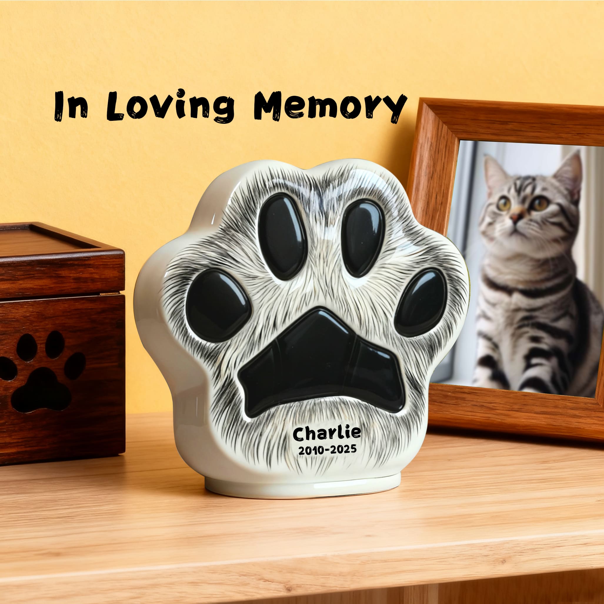 Close-up personalized cat urn with engraved paw print, Charlie name and dates