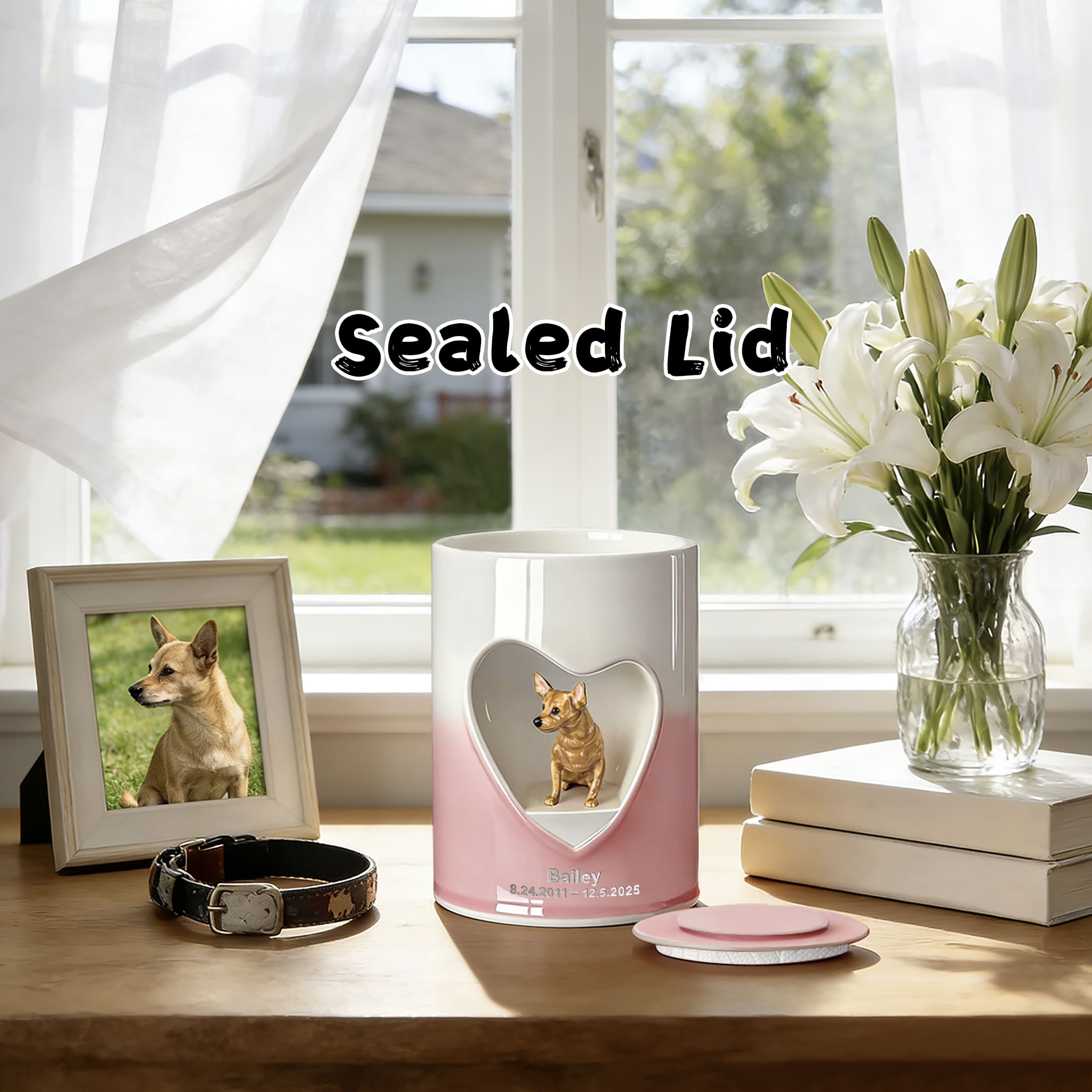 Dog cremation urn with heart design, dog figurine inside, sealed round pink lid