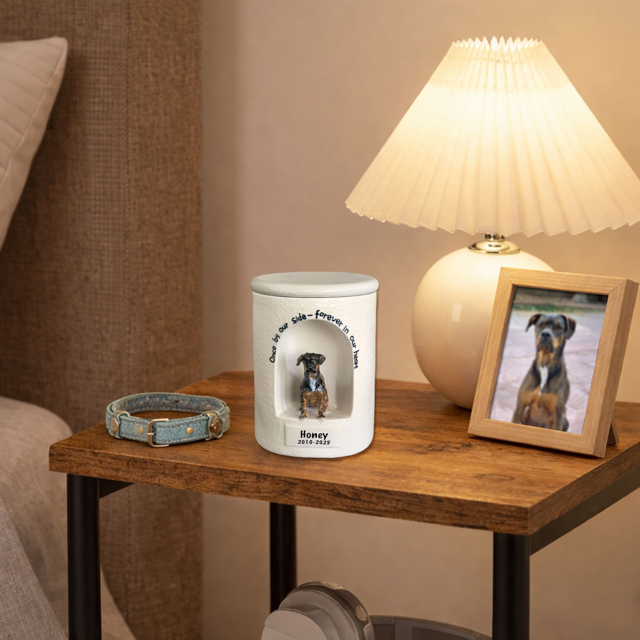 Ceramic Dog Urn Custom with Figurine & Text-R06