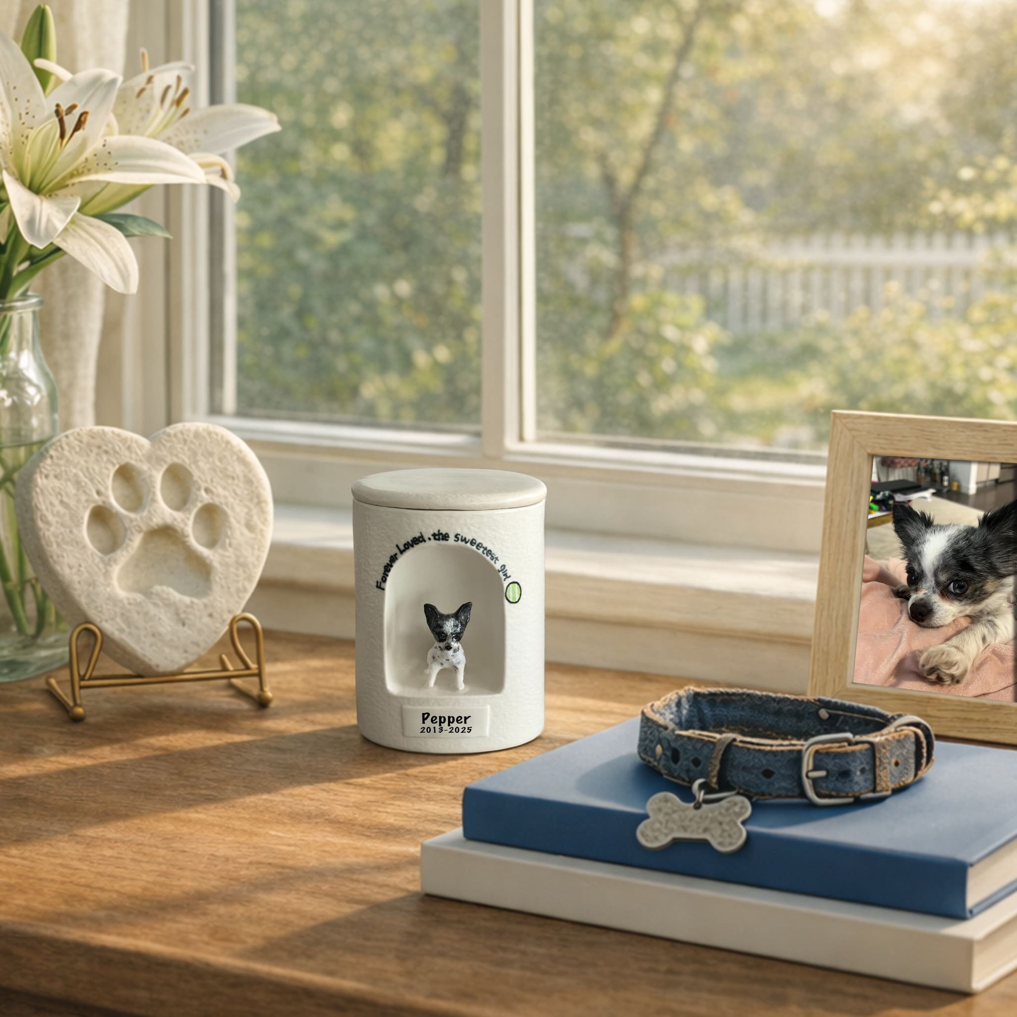 Ceramic Dog Urn Custom with Figurine & Text-R06