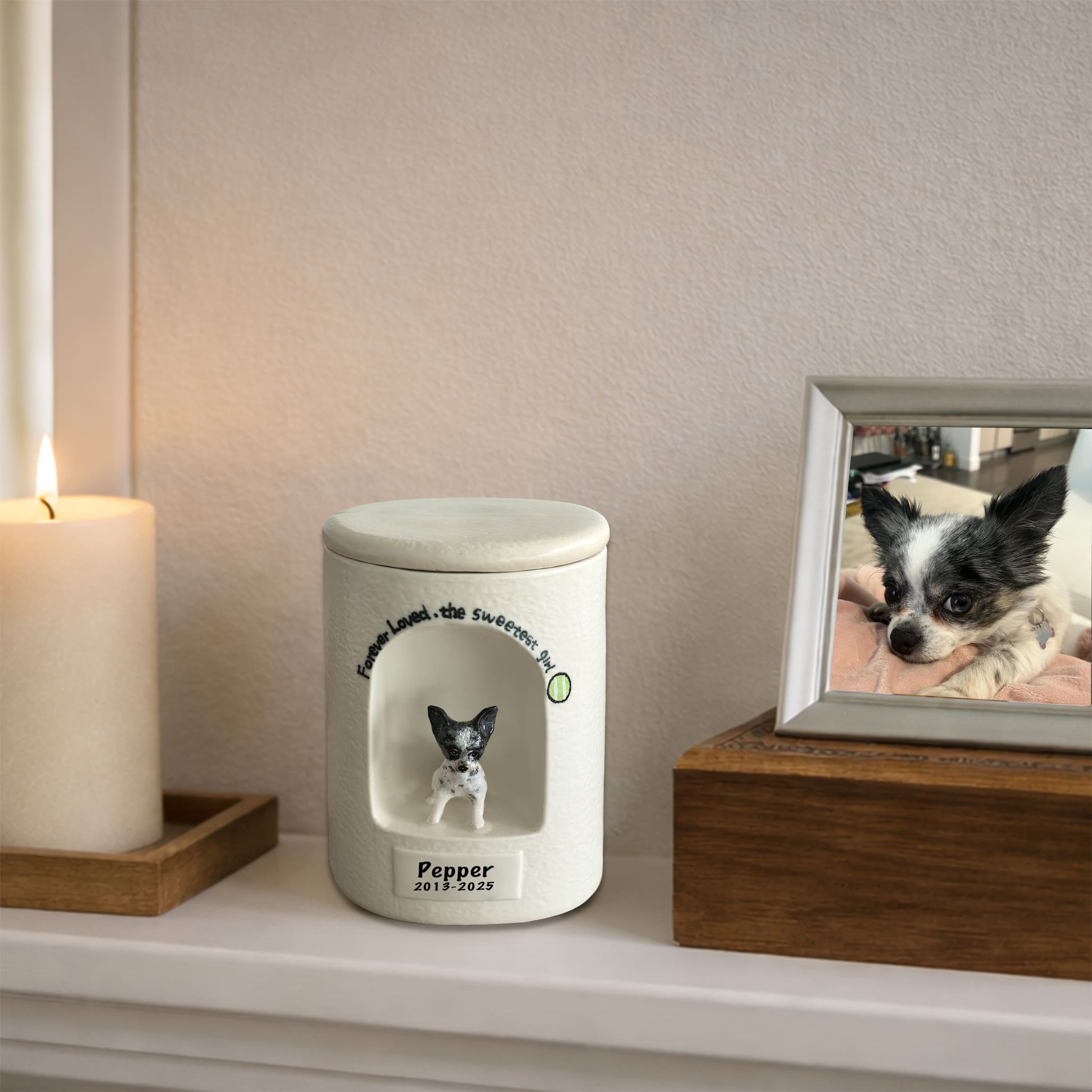 Ceramic Dog Urn Custom with Figurine & Text-R06