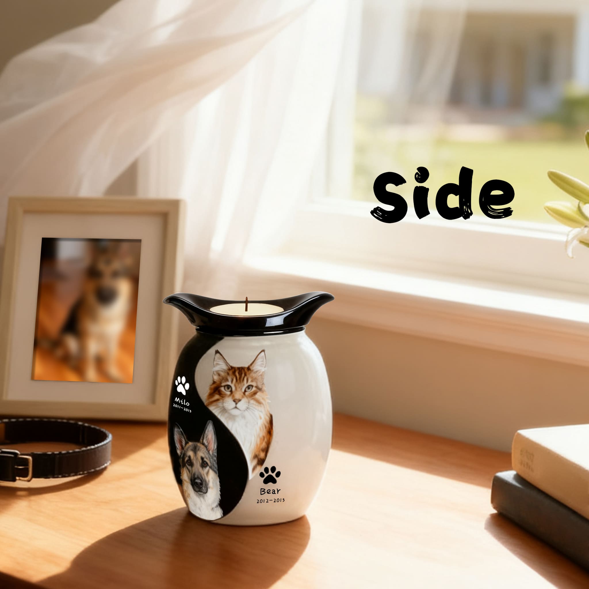 Double pet urn front view with two pet portraits and paw decals, black lid with candle.