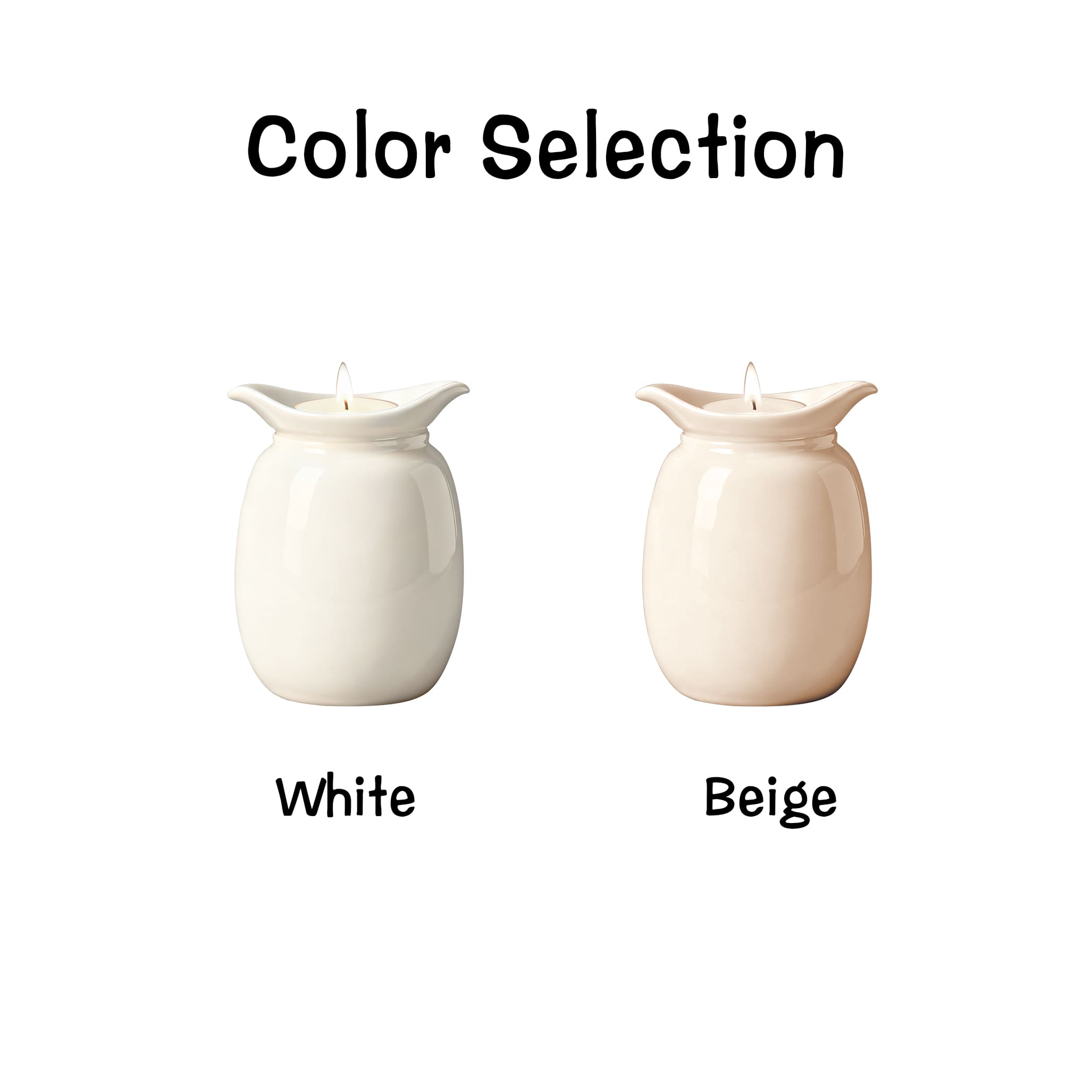 Ceramic dog urn candle holder in white and beige, scalloped top with candle