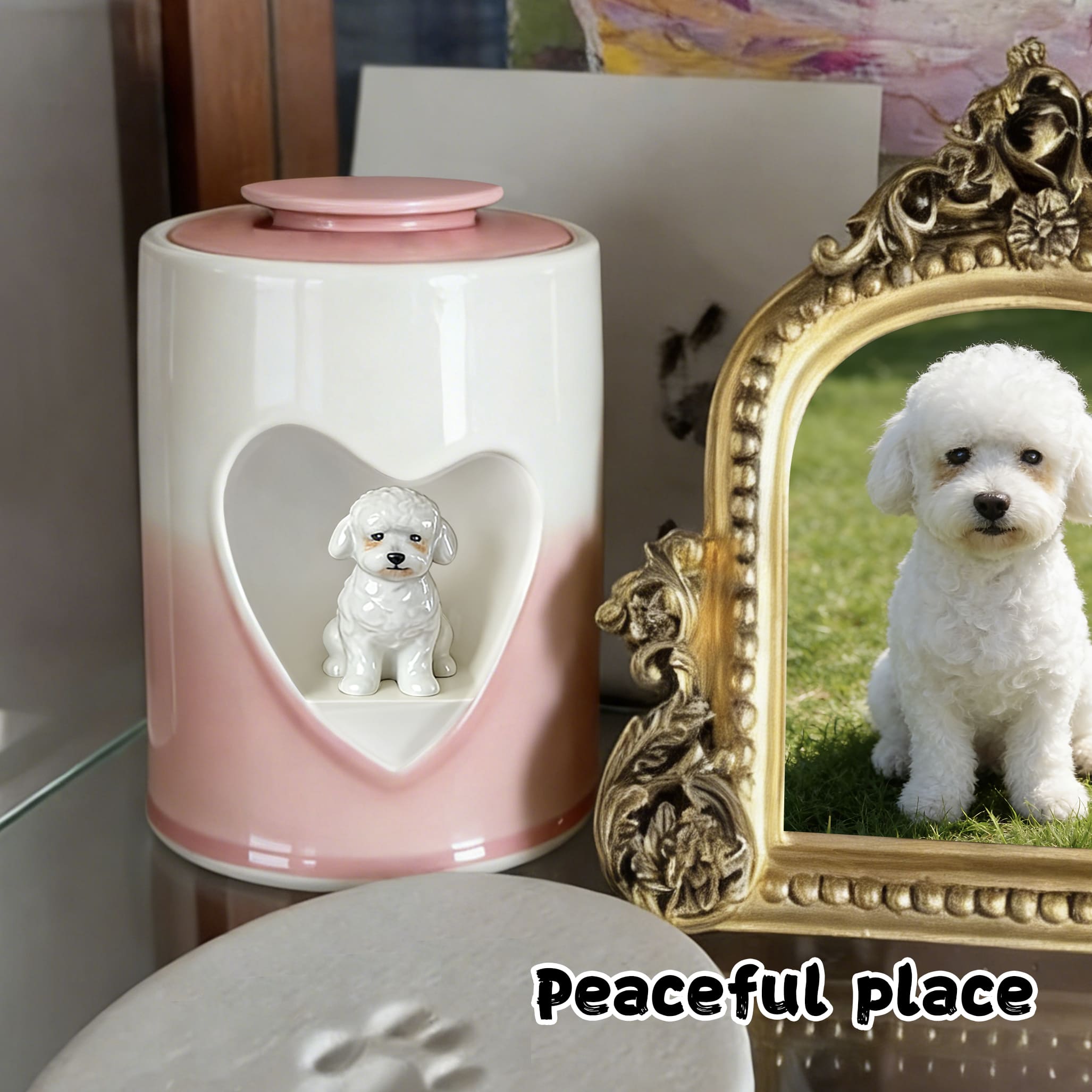 Pink and white dog urn with heart window showing white dog figurine