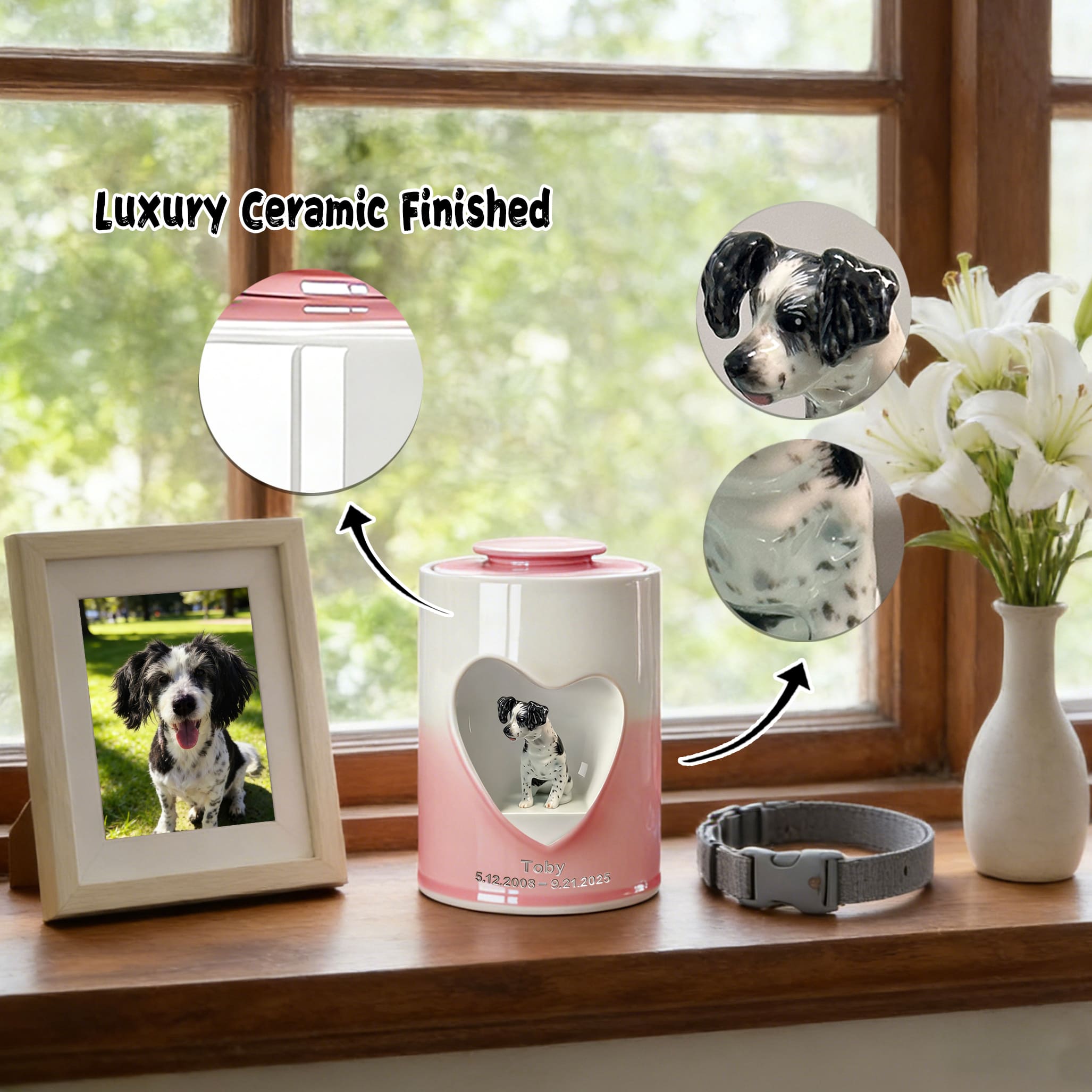 Pink and white ceramic pet urn with heart window and black-and-white dog figurine