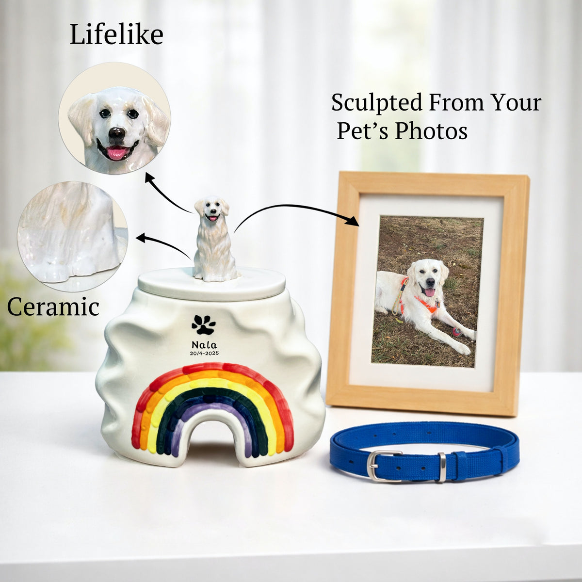 Personalized ceramic dog urn with sculpted dog on lid and rainbow graphic, name and dates
