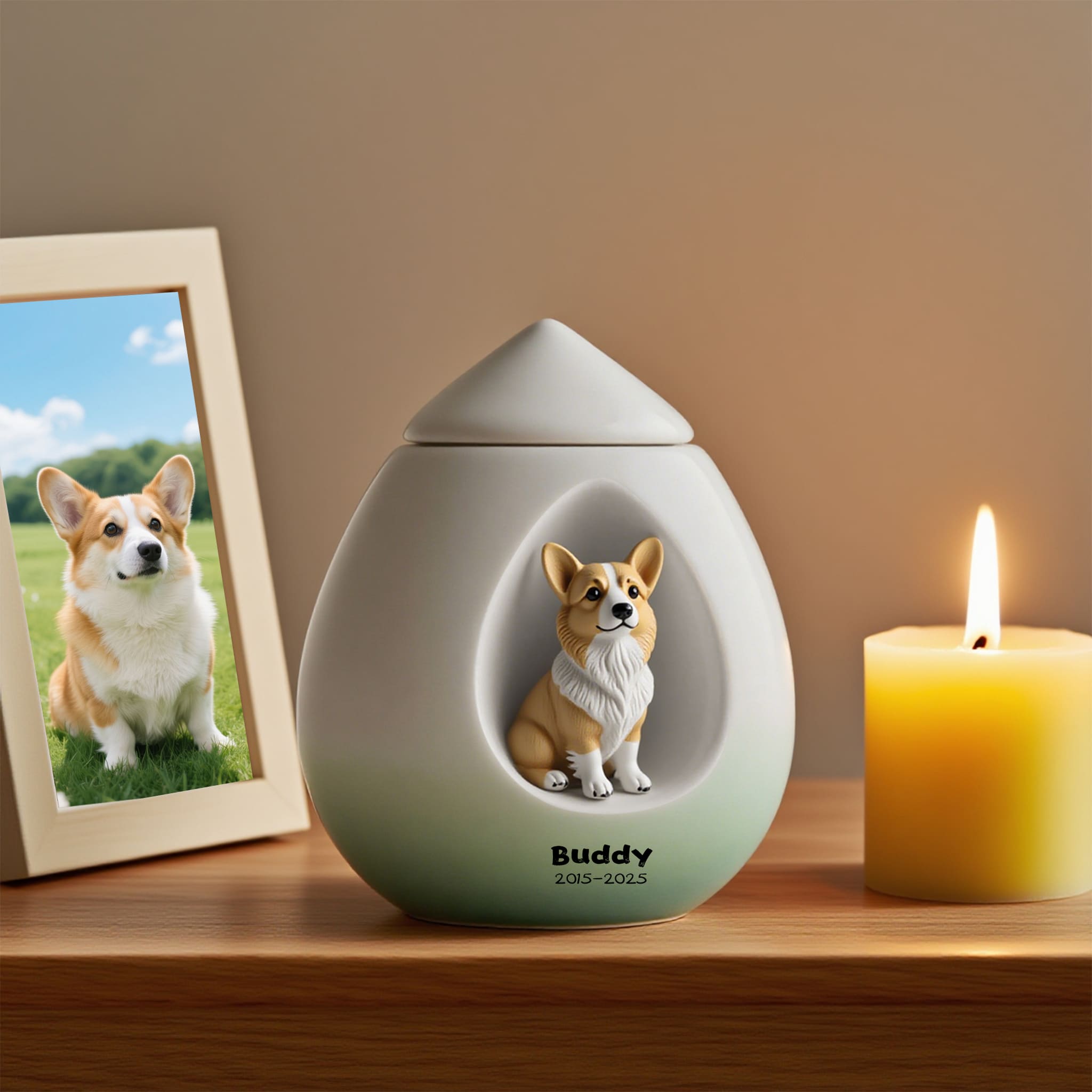 Dog memorial urn with name and seated dog figurine, teardrop keepsake shape, green base