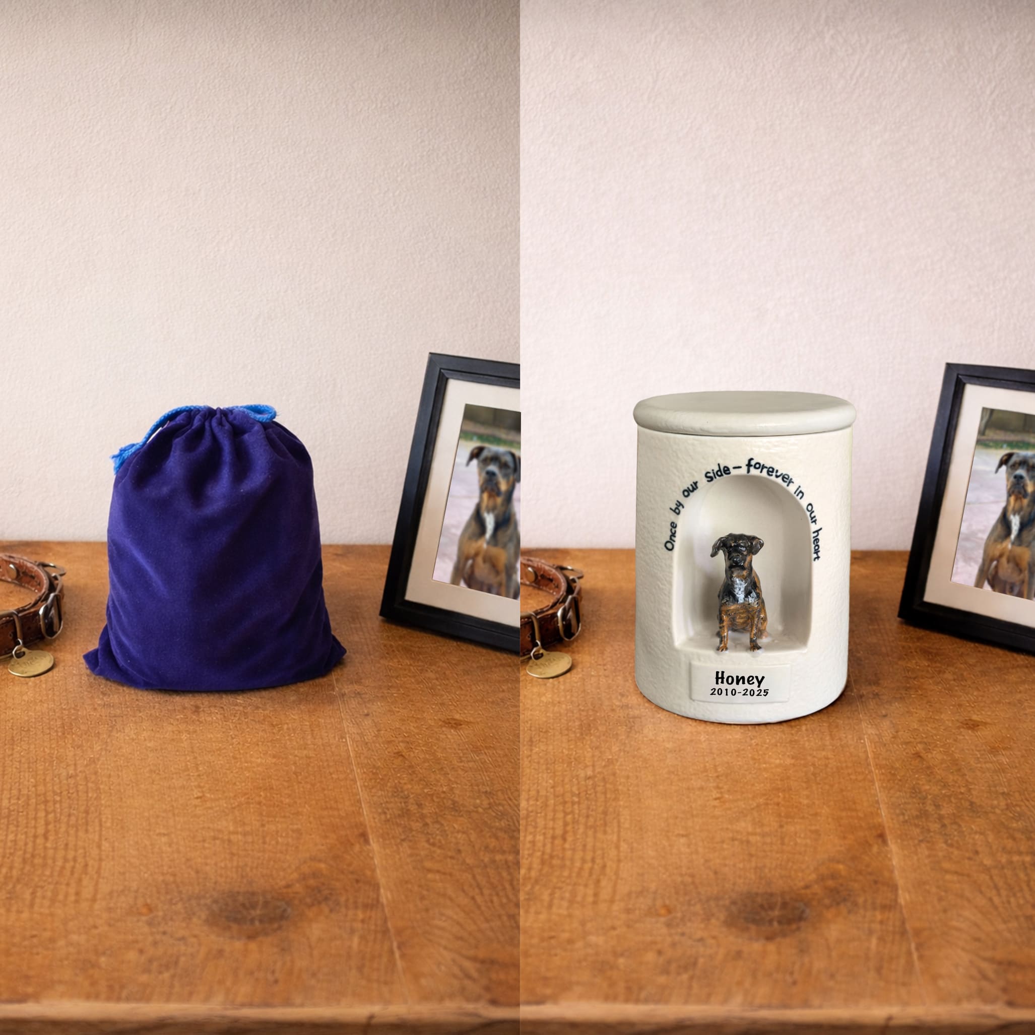 Ceramic Dog Urn Custom with Figurine & Text-R06