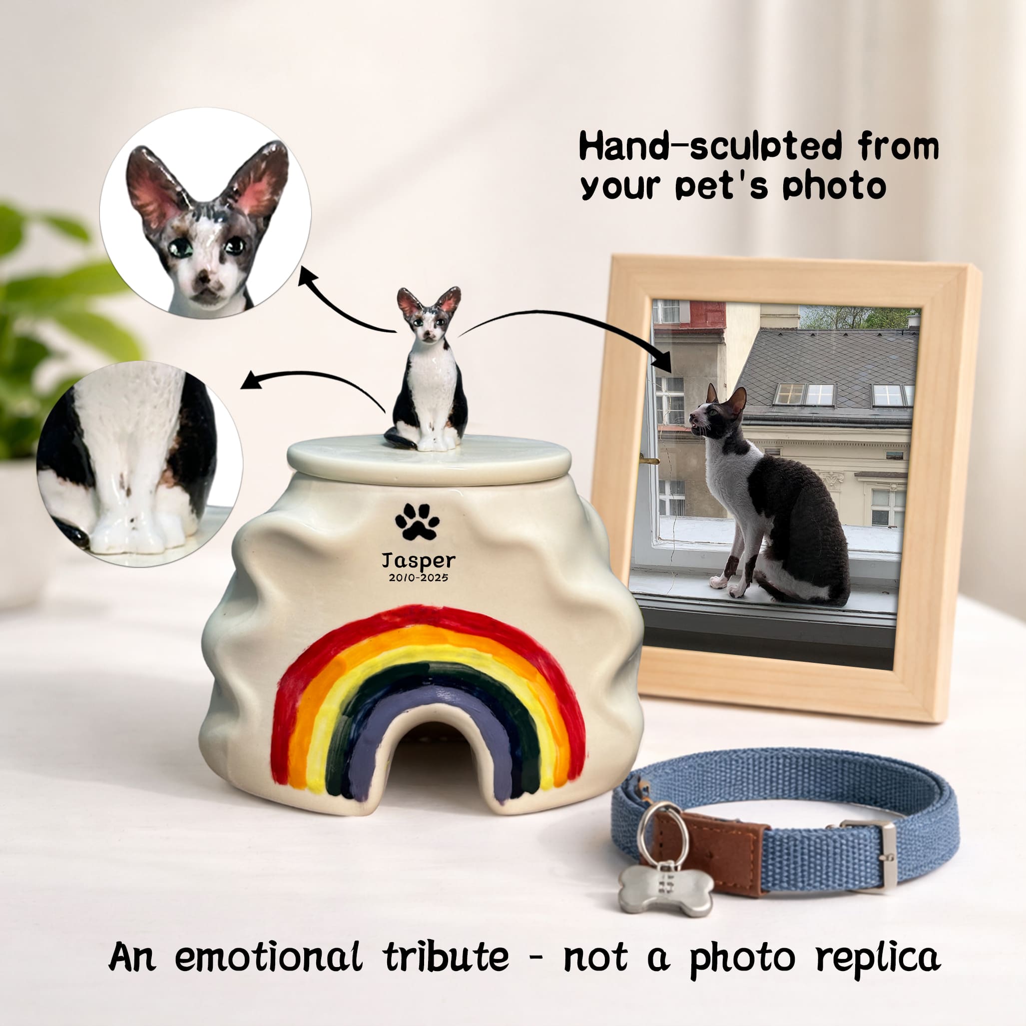 Cat memorial urn with rainbow painting and engraved pet name on front